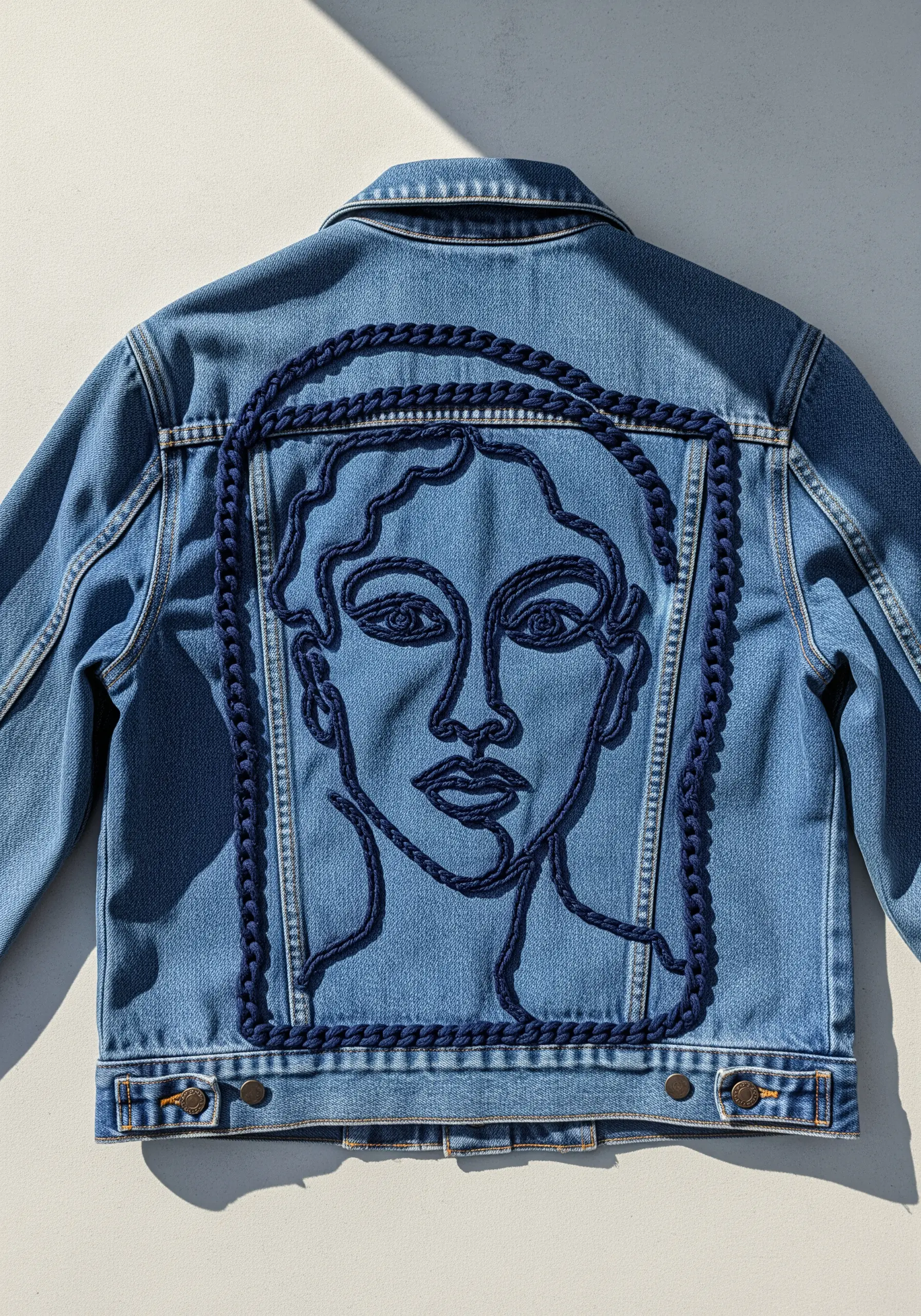Line-art portrait on a denim jacket, framed by a thick, braided navy blue embroidered border.