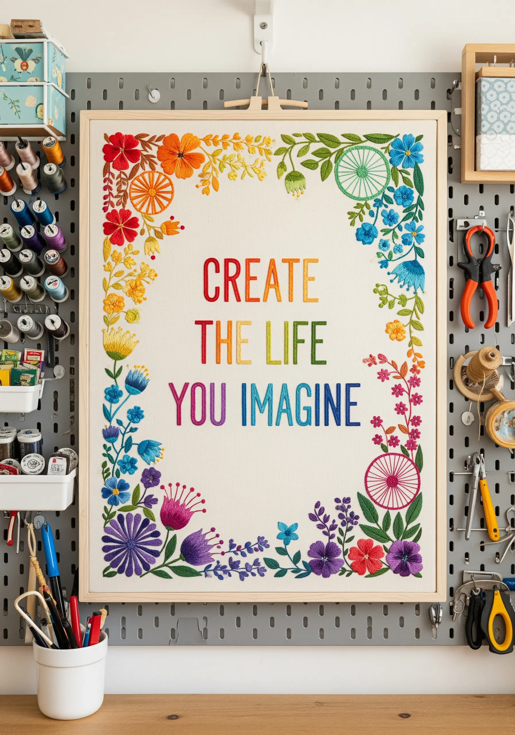 A large rectangular embroidery piece with a vibrant rainbow floral border.