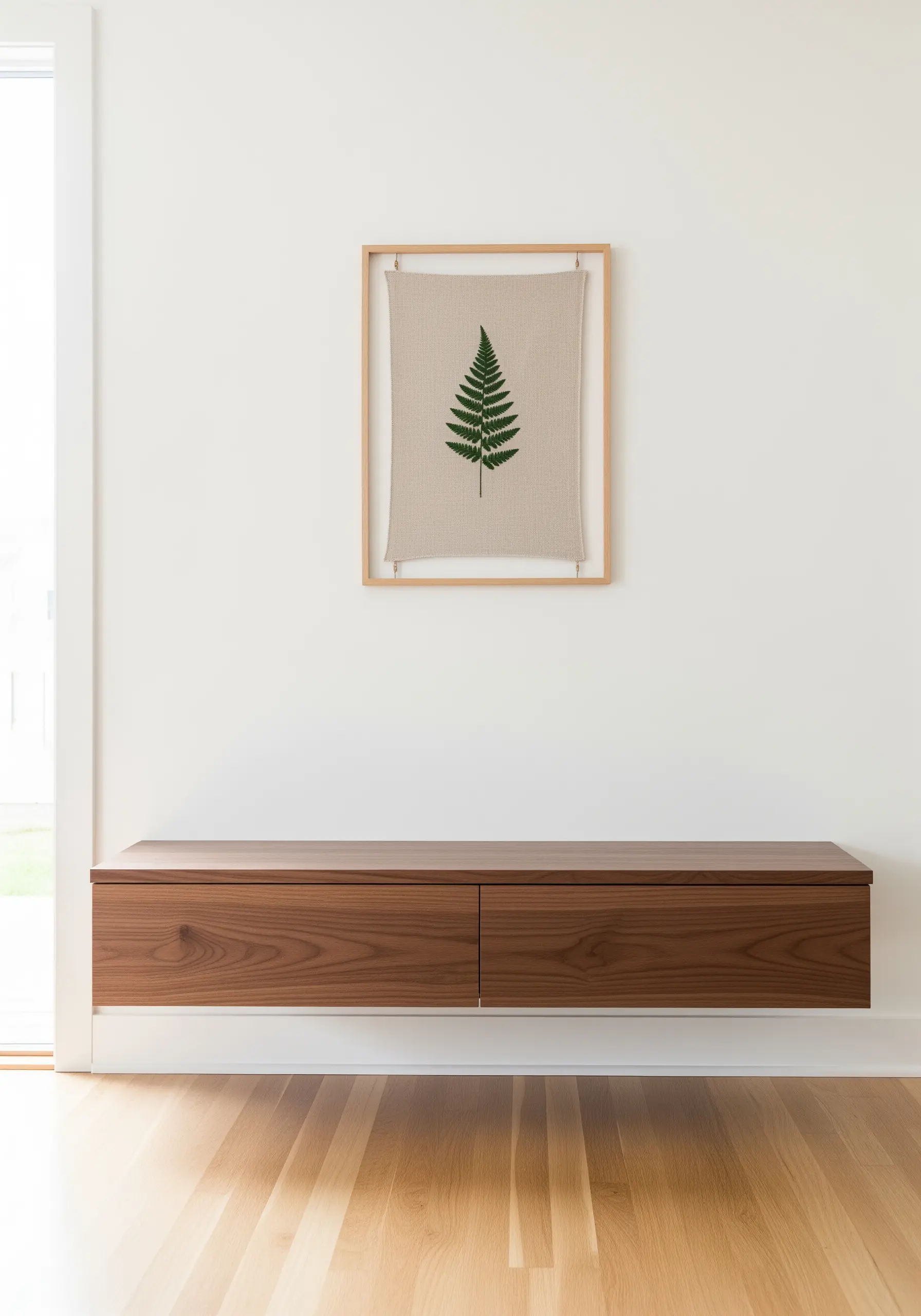 An embroidered fern leaf on linen, stretched and displayed in a minimalist wooden frame.