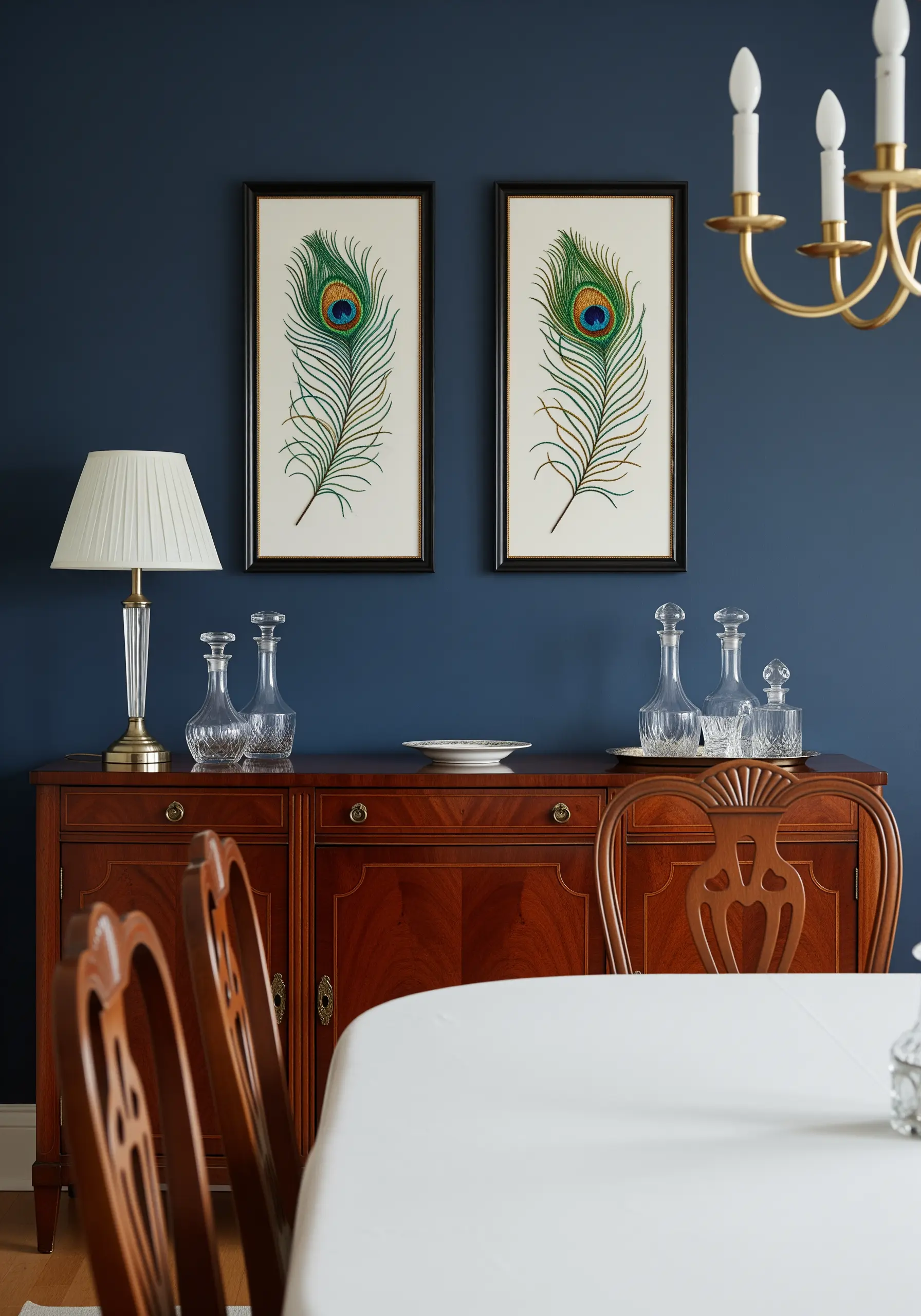 Two elegantly framed embroideries of single peacock feathers hanging above a dining room sideboard.