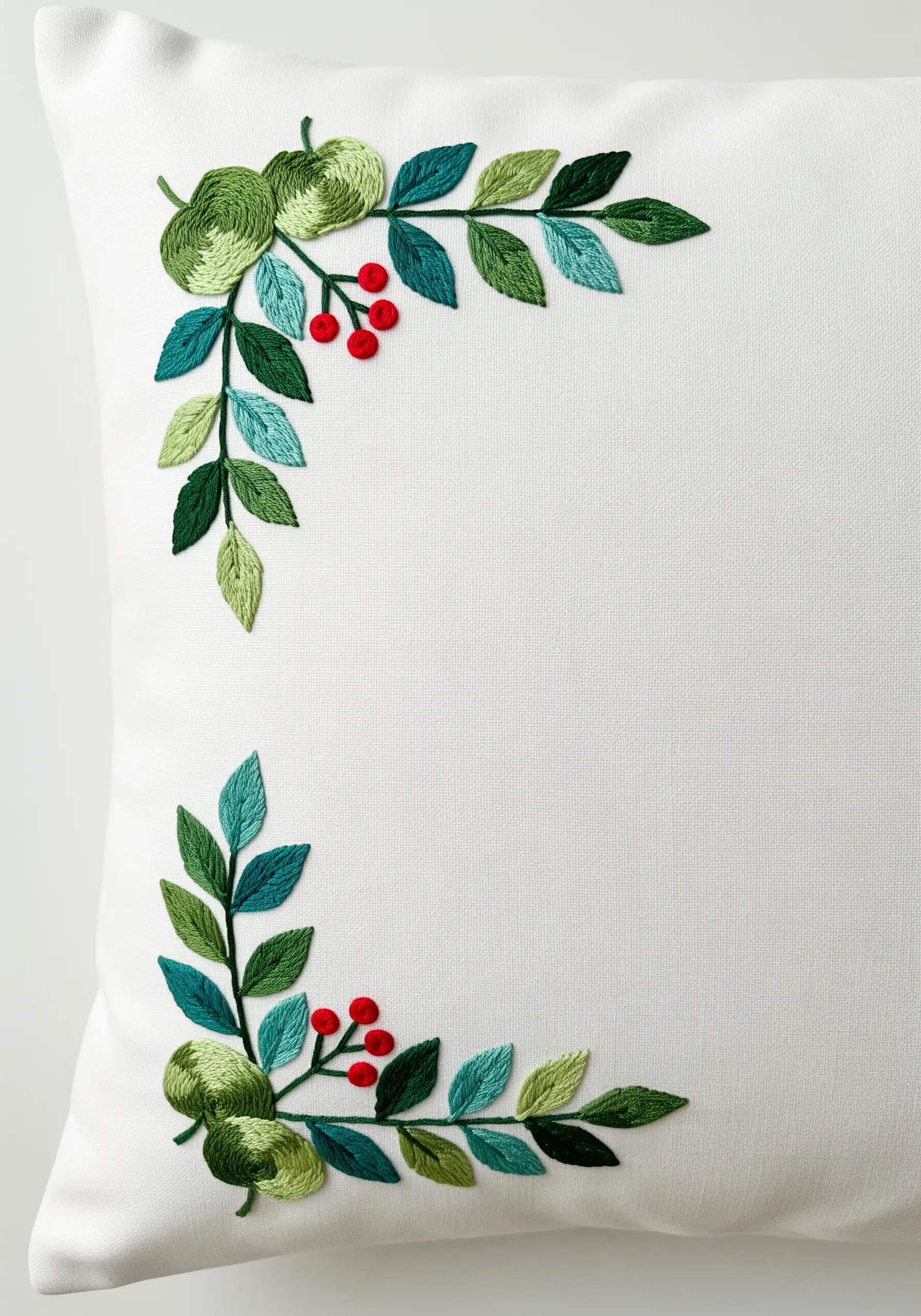 An embroidered corner design on a white pillow with green leaves and red berries.
