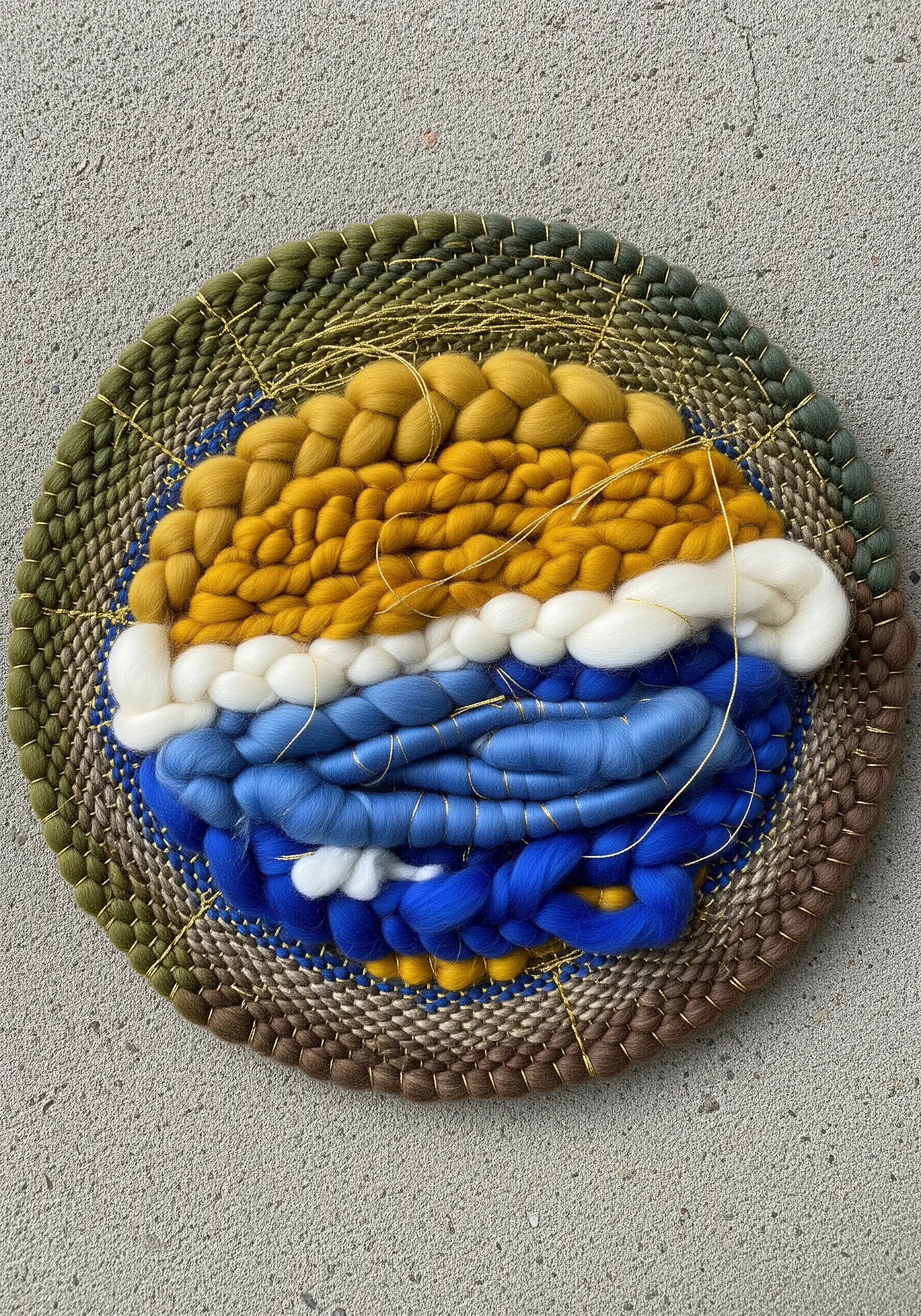Circular weaving with chunky wool roving and delicate gold metallic thread accents.