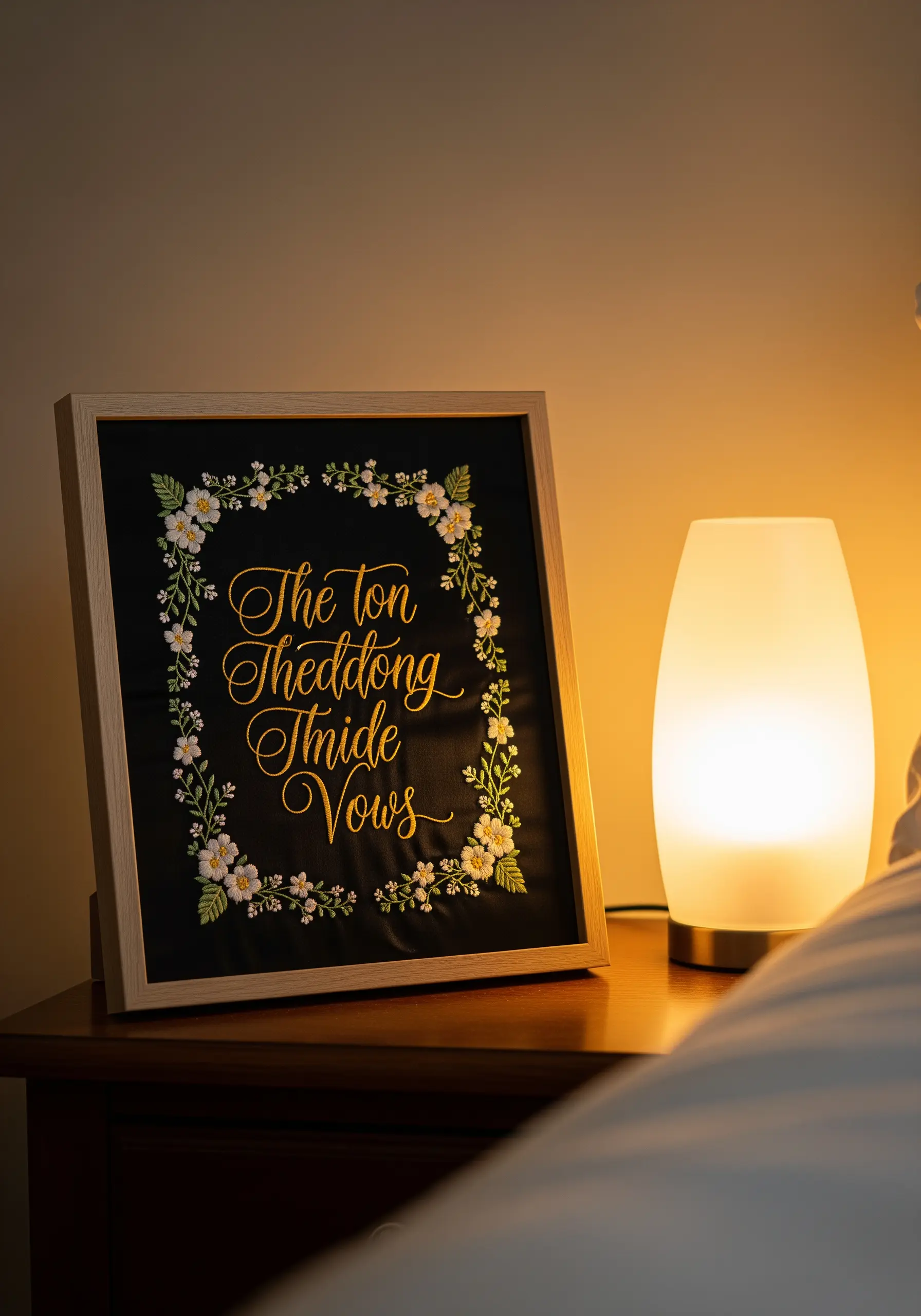 Framed embroidery of wedding vows in gold script on black fabric with a floral border.