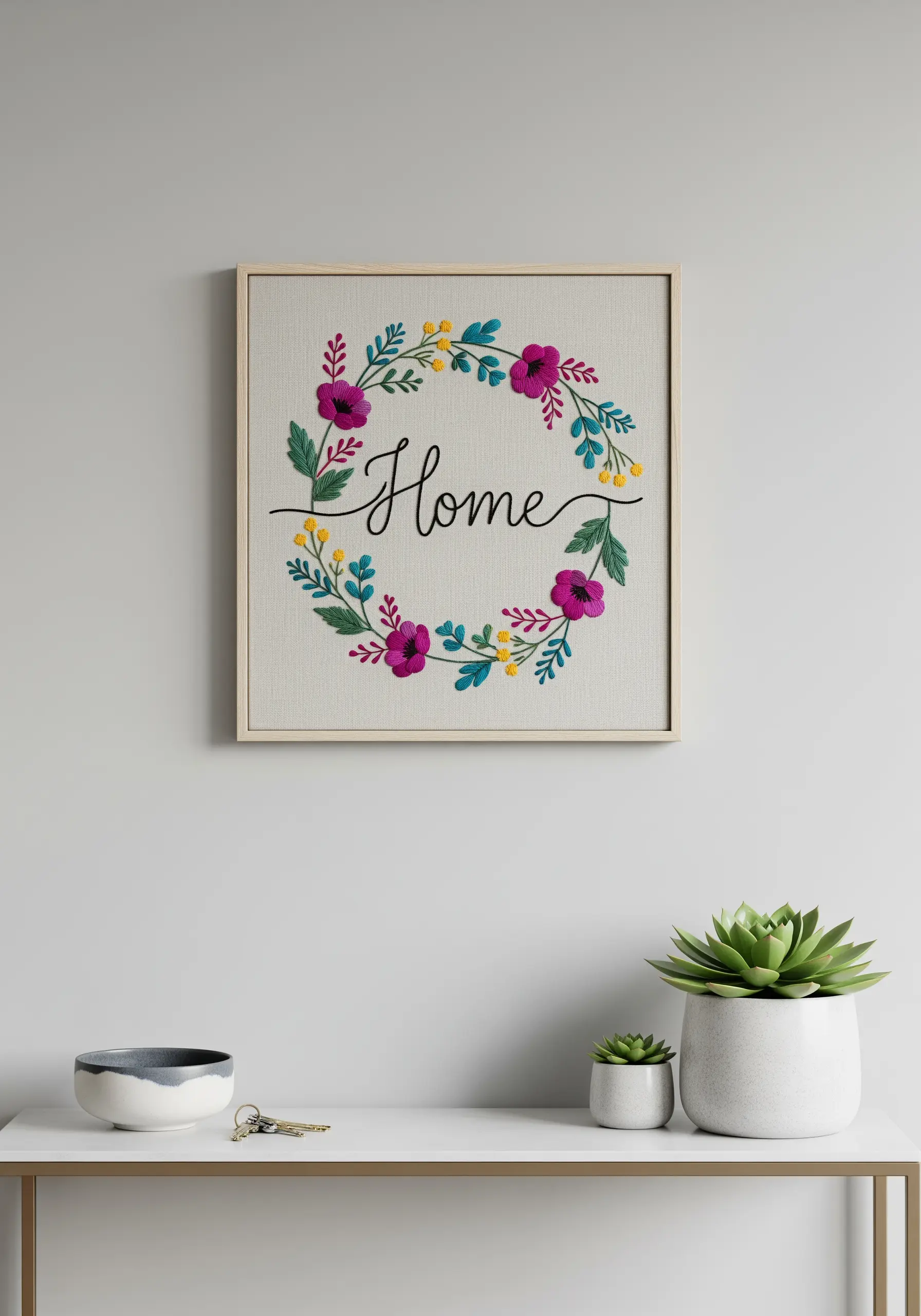Framed embroidery of a floral wreath with the word 'Home' in cursive script at the center.