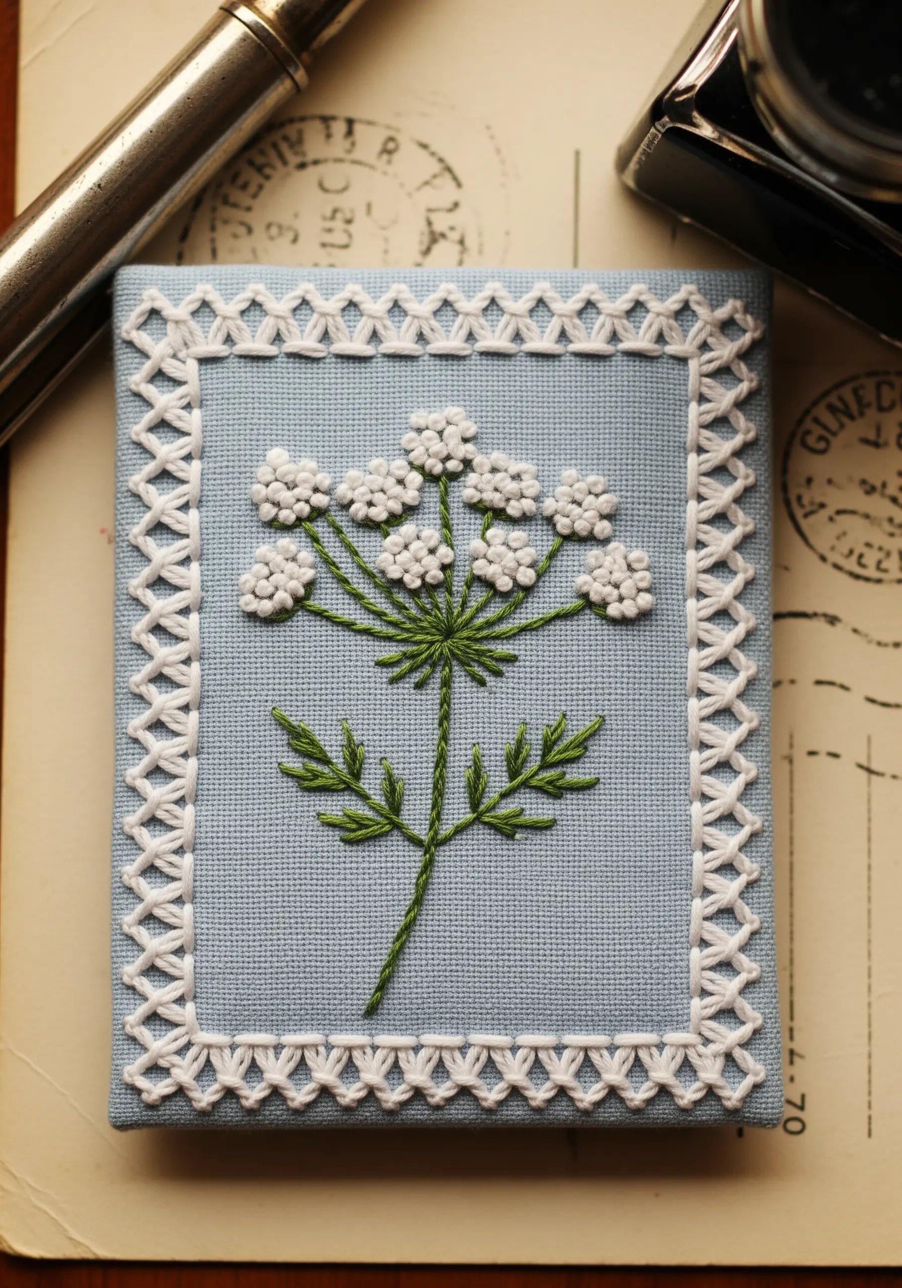 A small needlebook embroidered with Queen Anne's lace and a decorative white-stitched border.