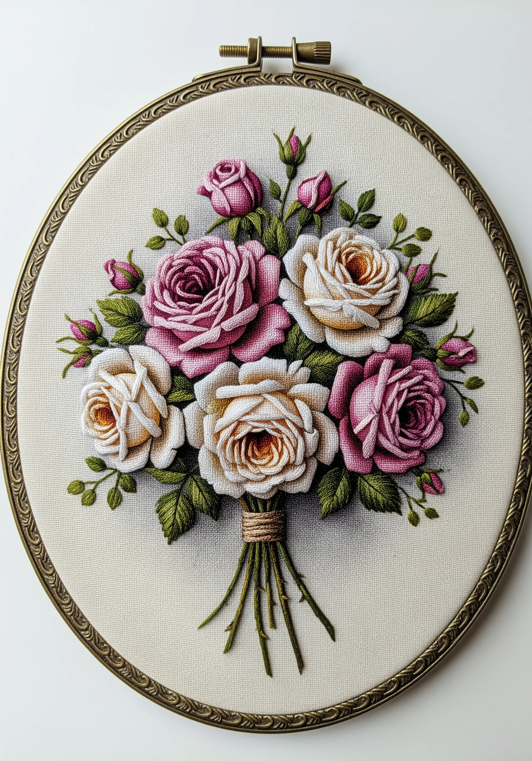 A bouquet of pink and white embroidered roses displayed in an ornate, antique-style oval hoop.