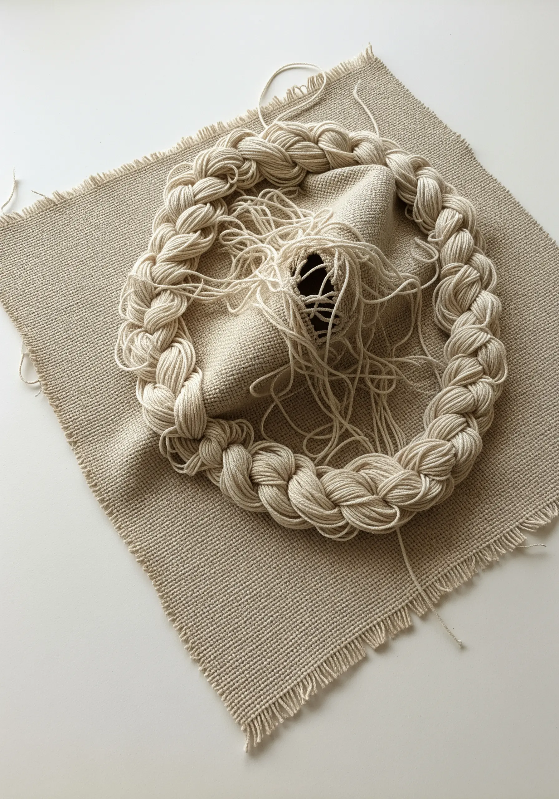 A thick, unraveled braid of off-white yarn stitched onto burlap, forming a deconstructed wreath.