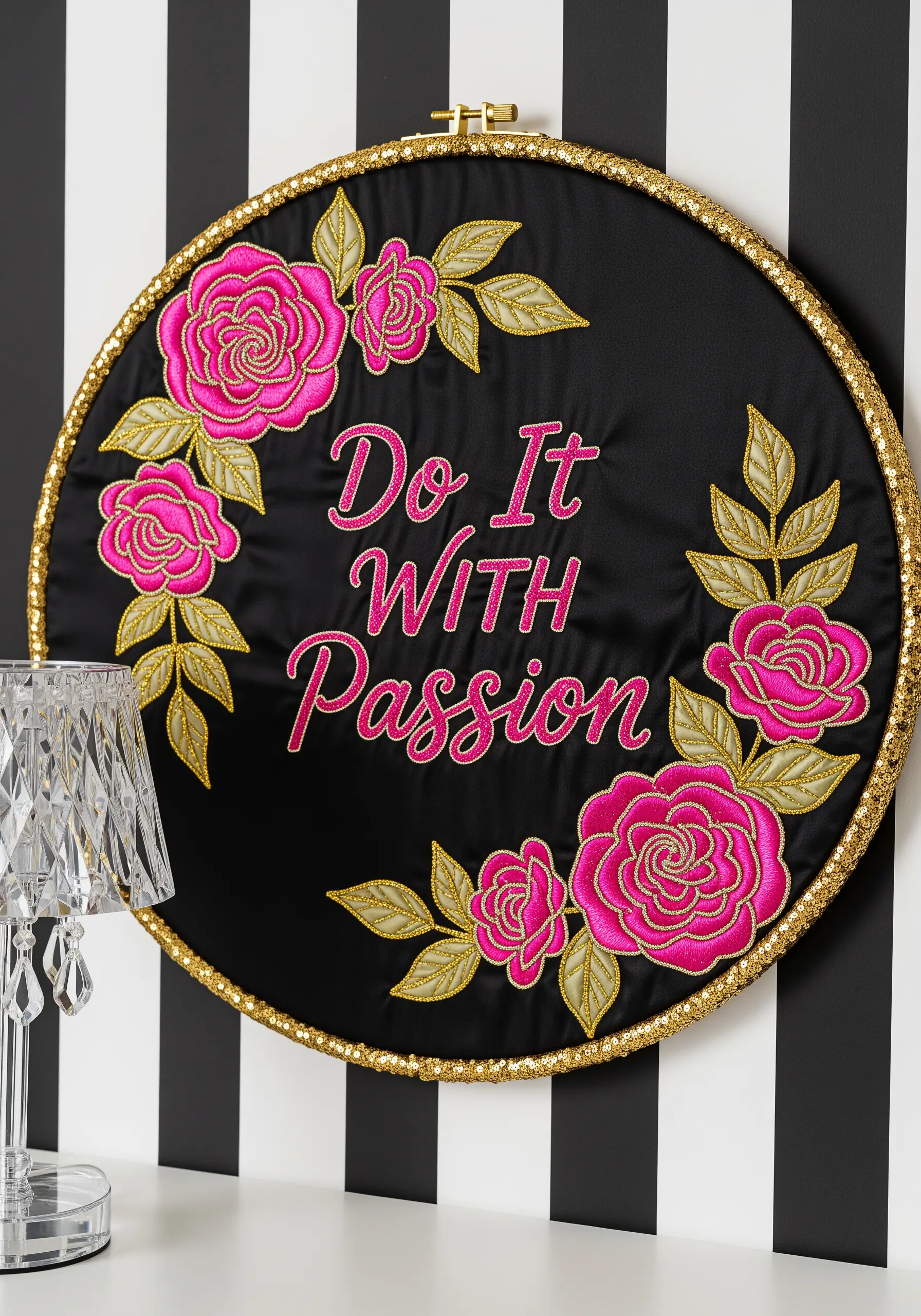 Embroidery hoop with pink roses, gold thread, and a gold sequin-wrapped frame.