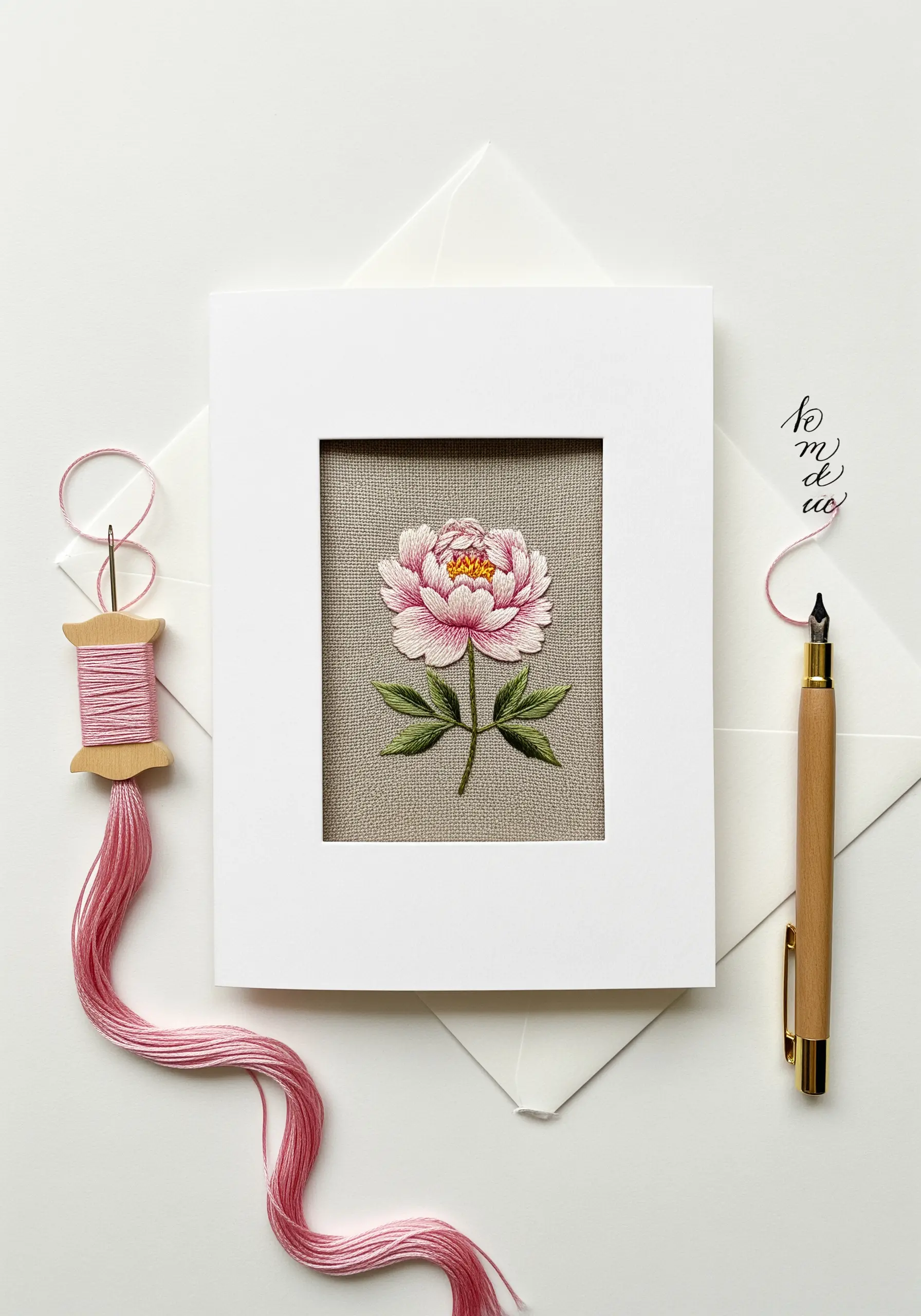 A single pink peony embroidered on linen, framed within a white greeting card.