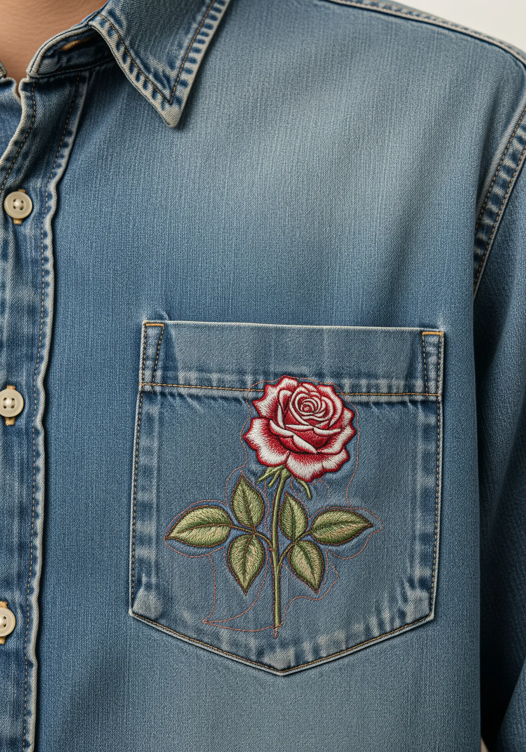 A single red and white rose embroidered on a denim pocket with a stitched outline.