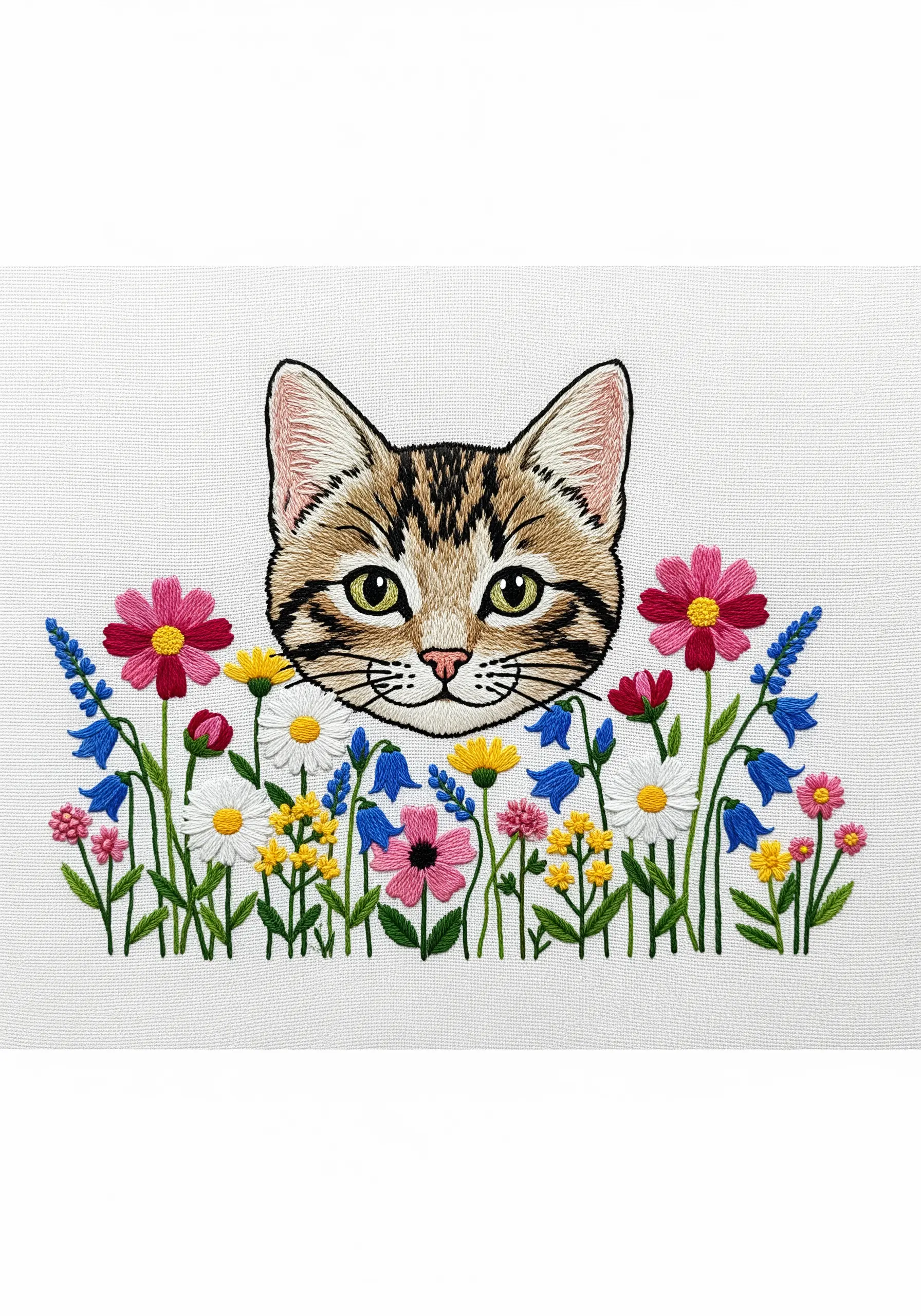 Embroidered tabby cat portrait framed by a vibrant field of wildflowers.