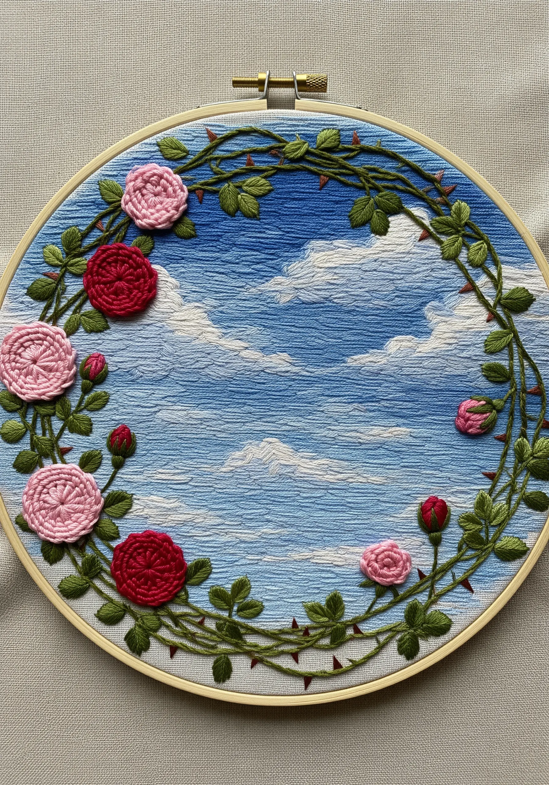Rose vine border framing a blue sky embroidery