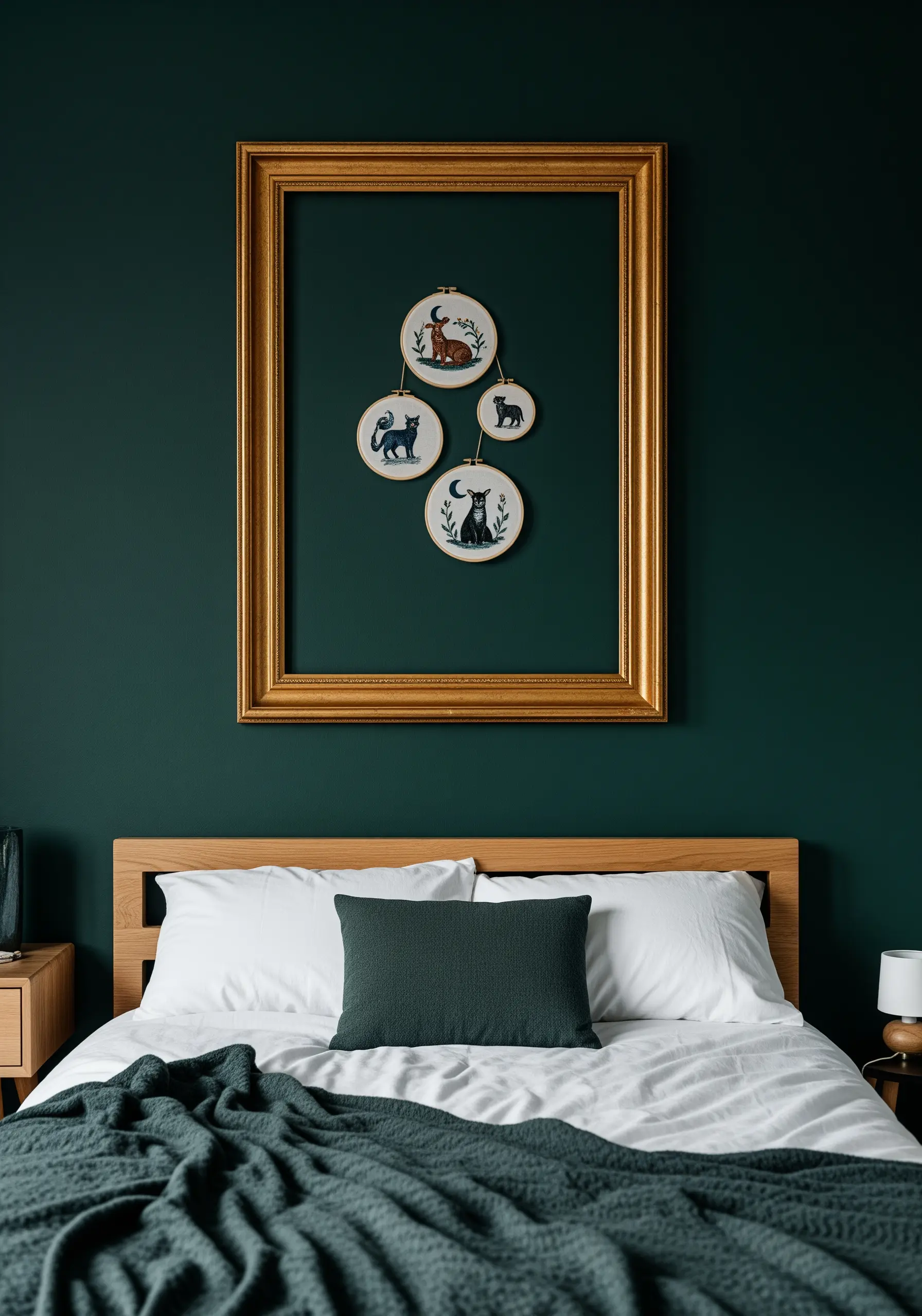 Large gold frame containing four hanging animal embroidery hoops