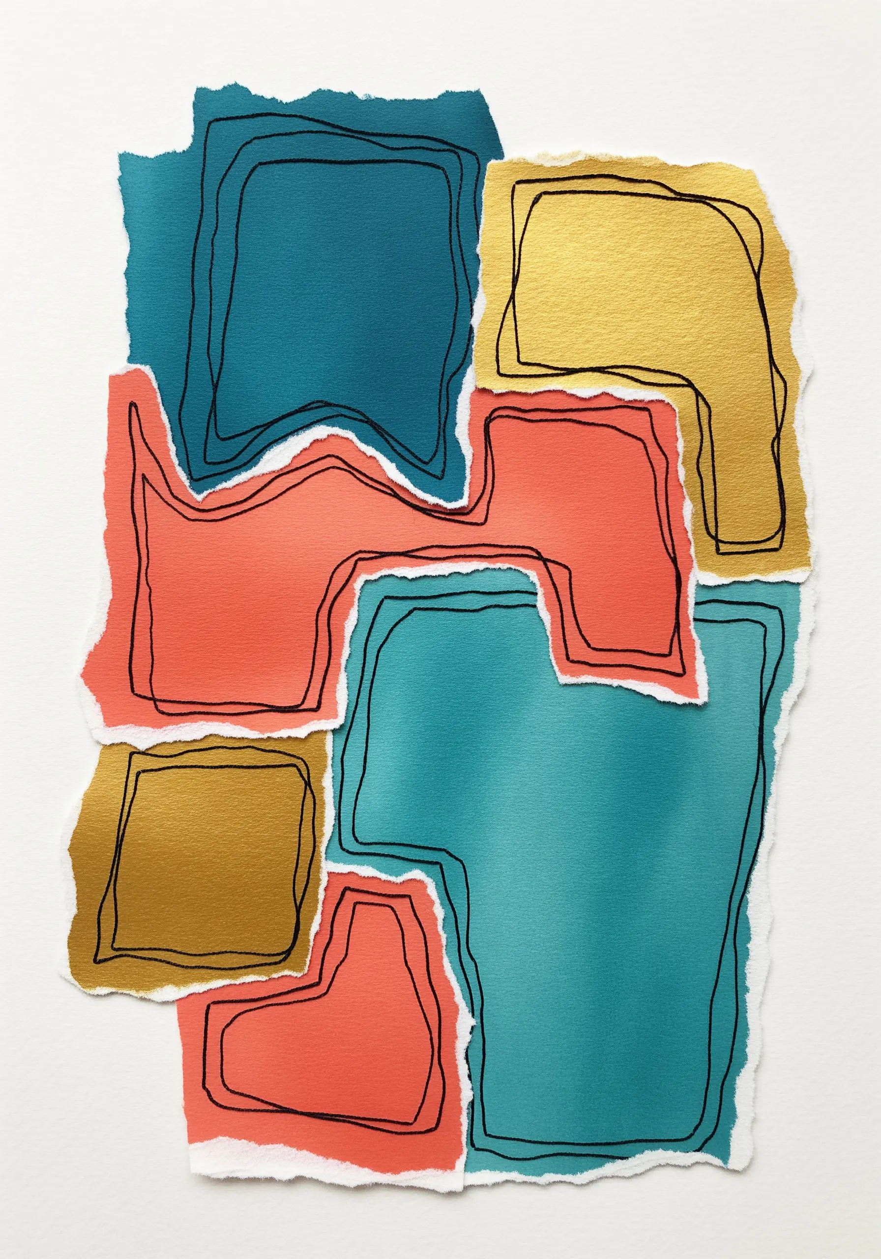 Abstract paper collage in teal, orange, and gold secured with sketchy black thread outlines