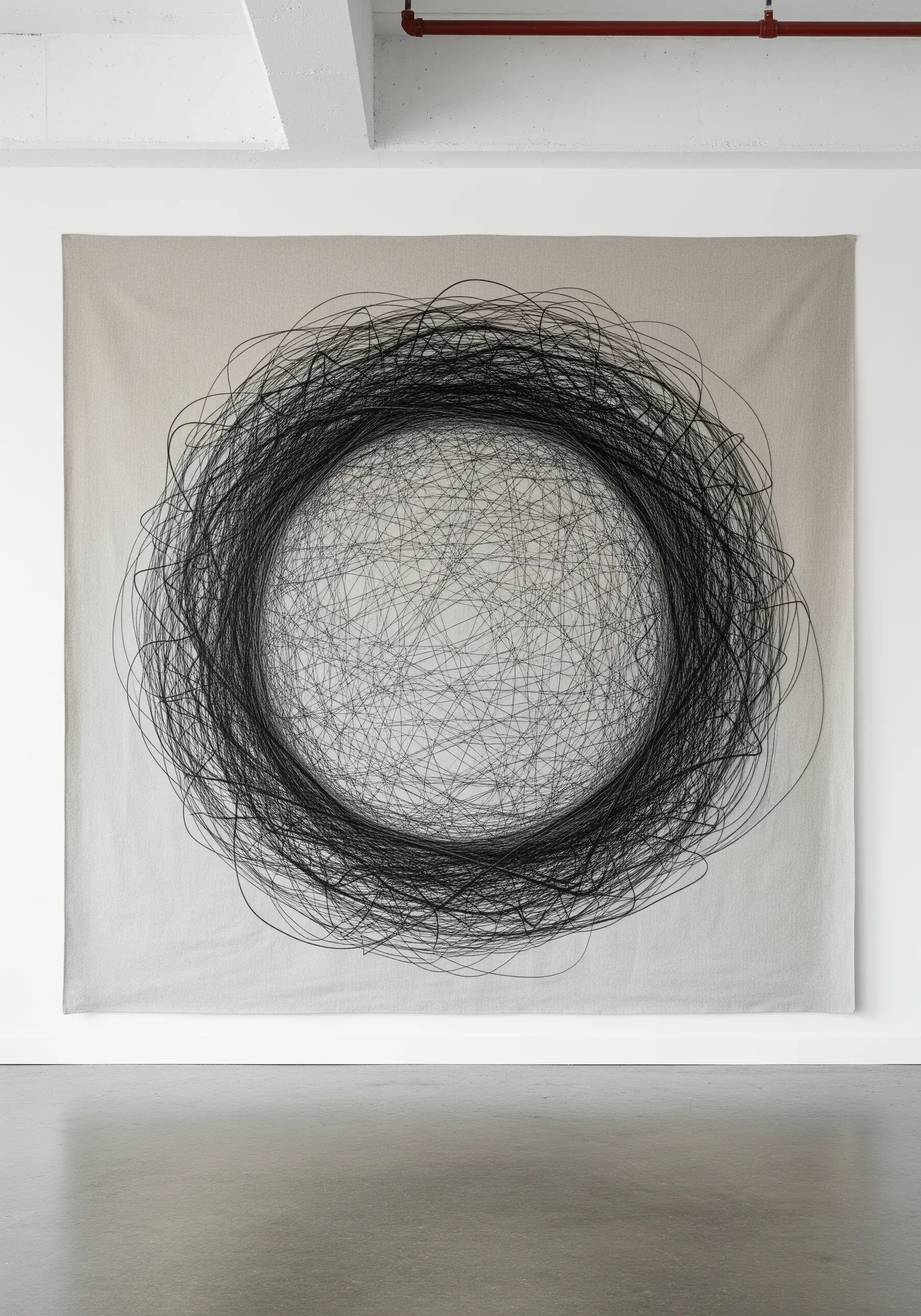 Minimalist canvas with a chaotic black thread scribble circle in the center