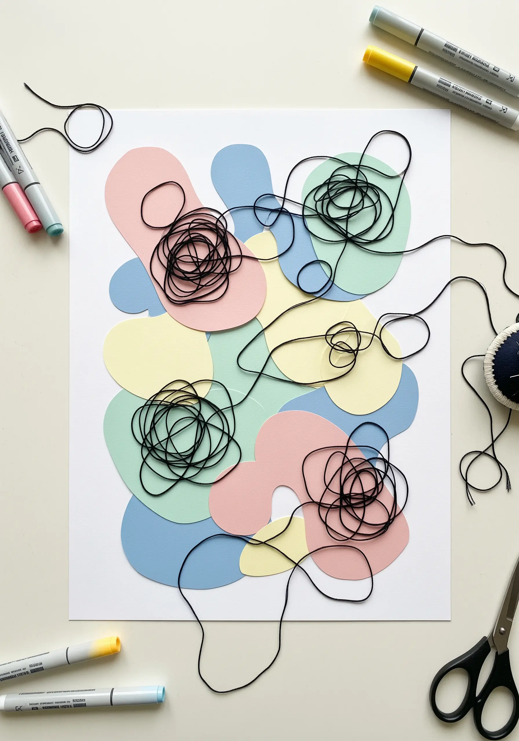 Pastel abstract paper shapes overlaid with messy black thread scribbles