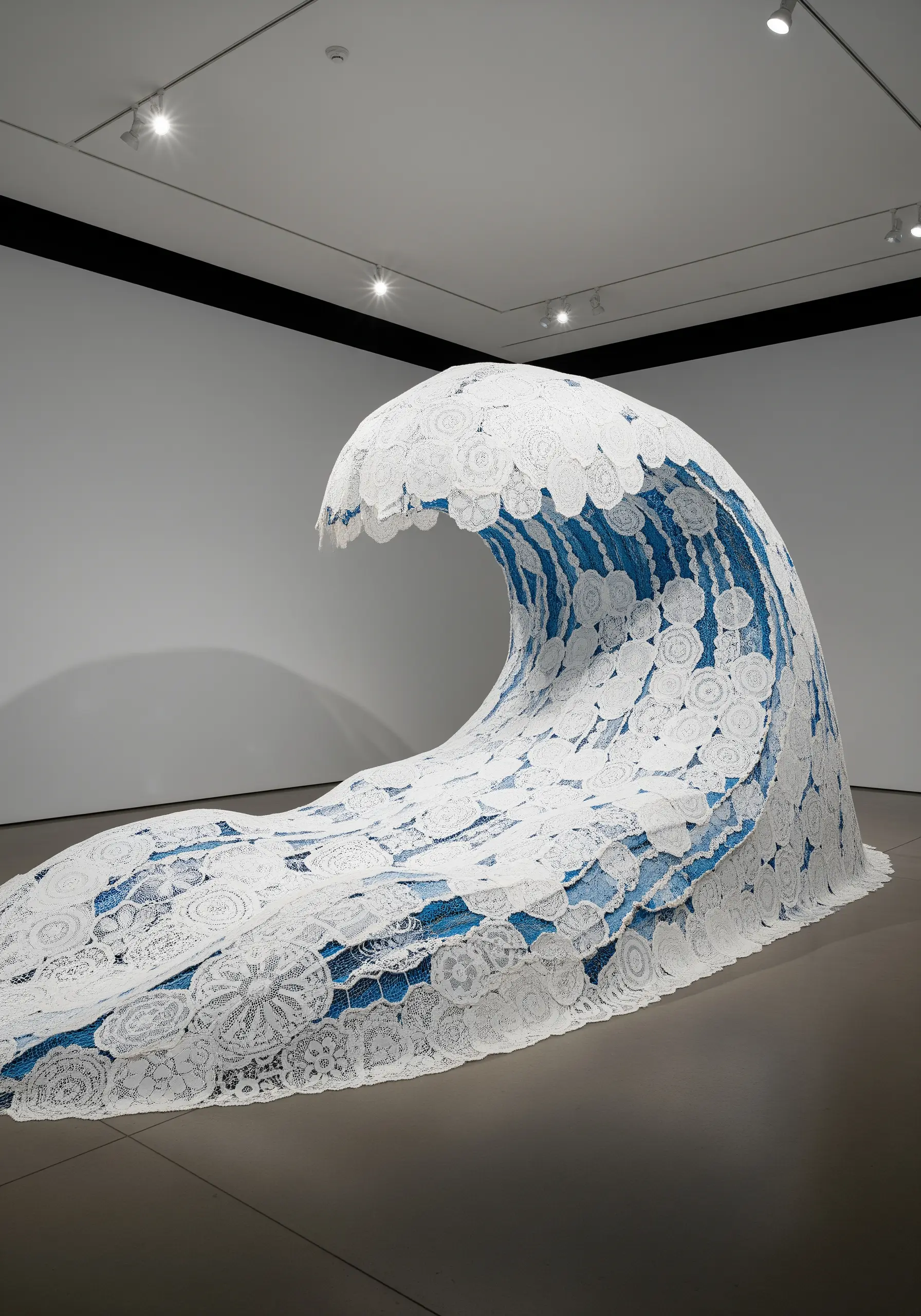 Large wave sculpture made of white crochet doilies