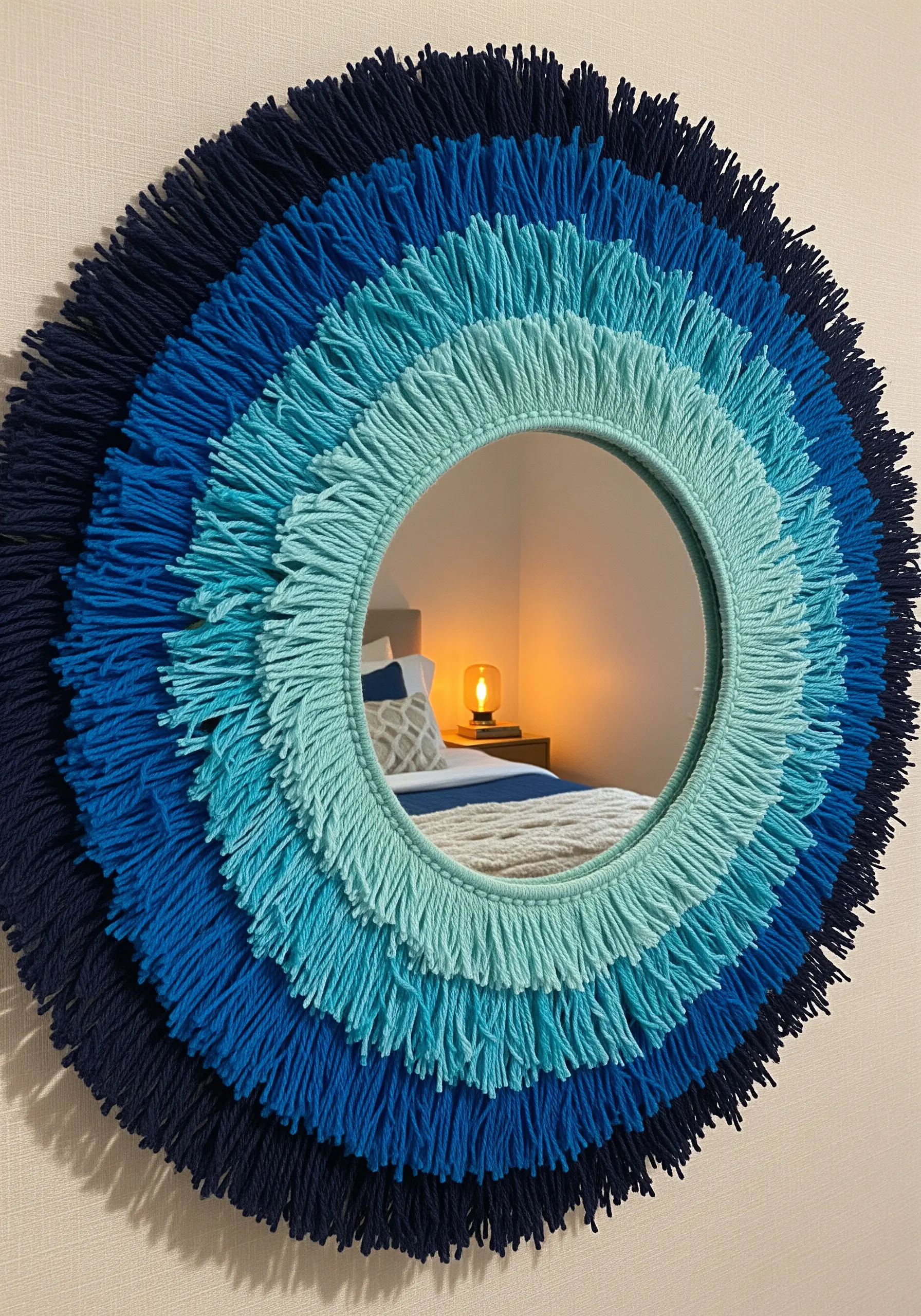 Round mirror surrounded by blue and turquoise yarn fringe