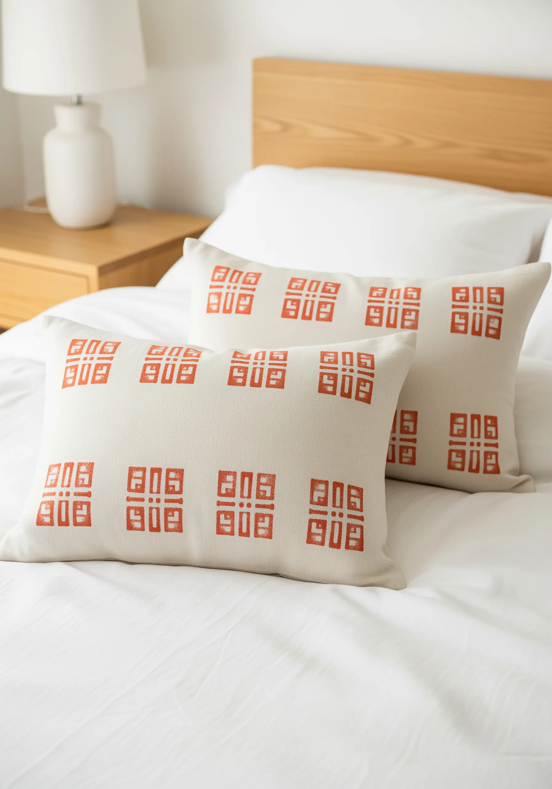 Two white lumbar pillows with a repeating red geometric pattern.