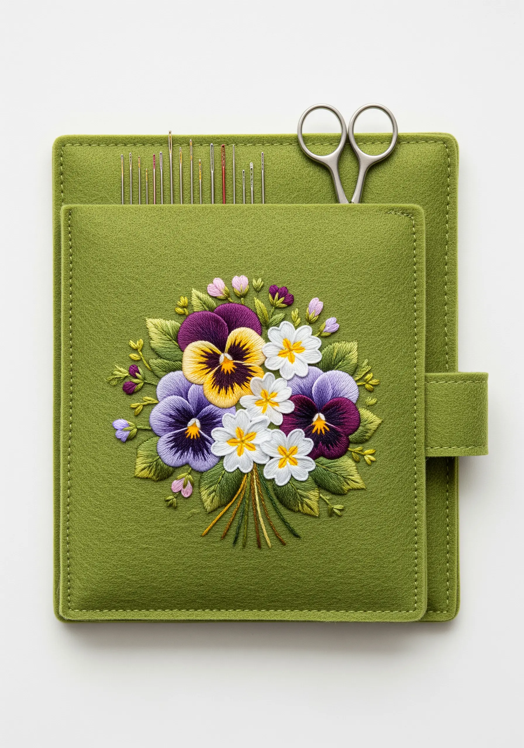 A green felt needle book embellished with a vibrant pansy bouquet embroidery.