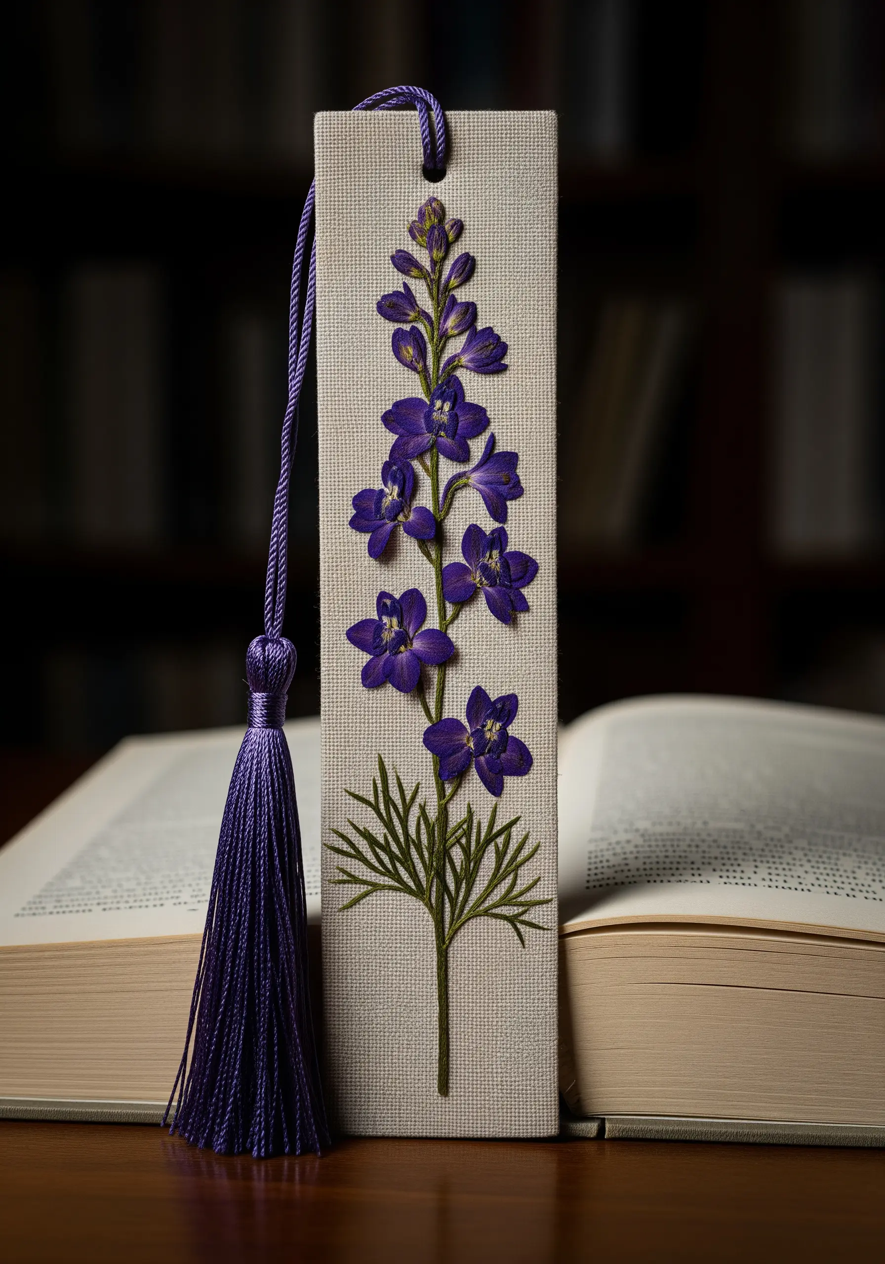 A bookmark made from linen-covered card, featuring a pressed purple delphinium and a matching tassel.