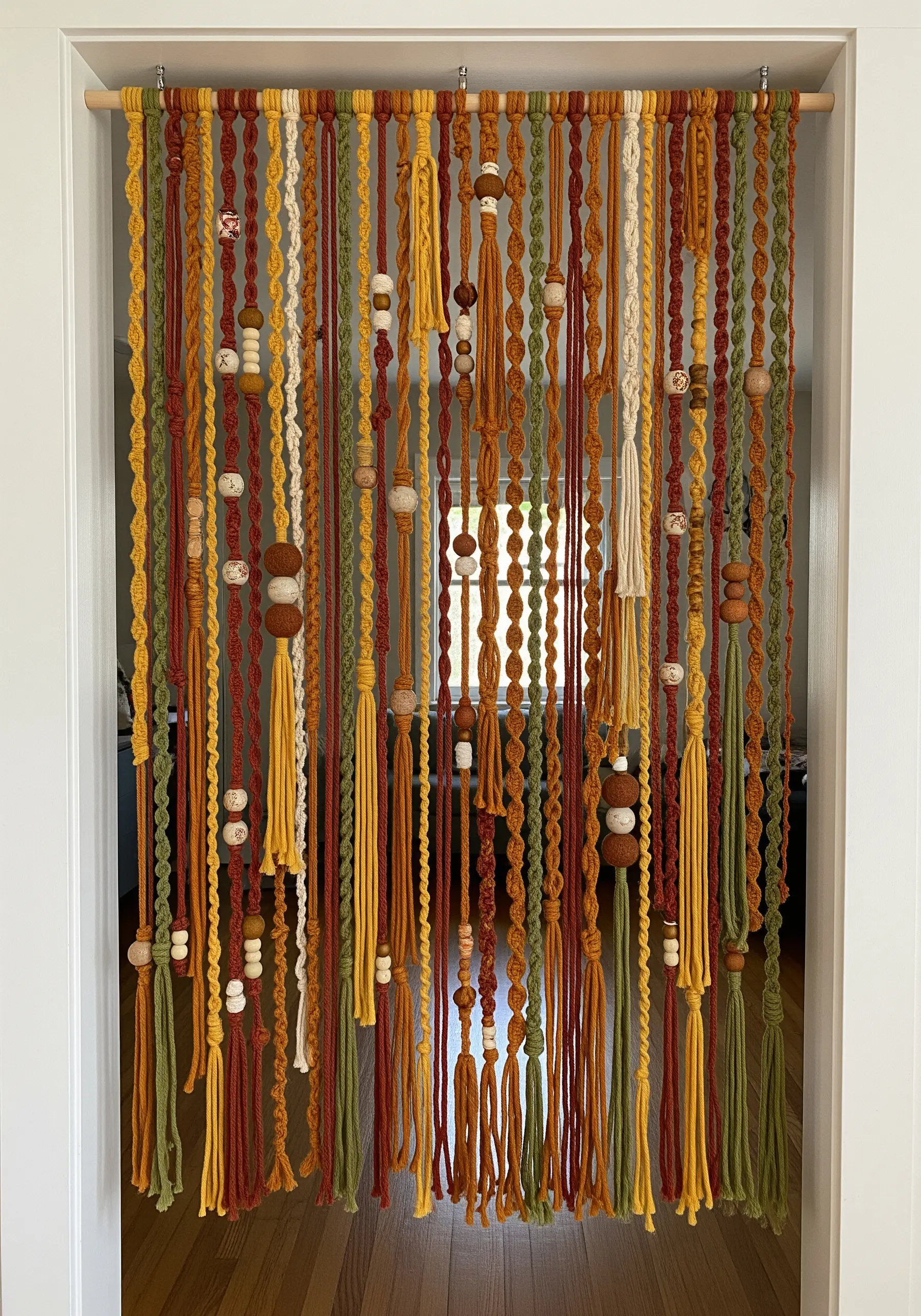 A macrame door curtain made with earthy-toned yarns and various wooden beads.