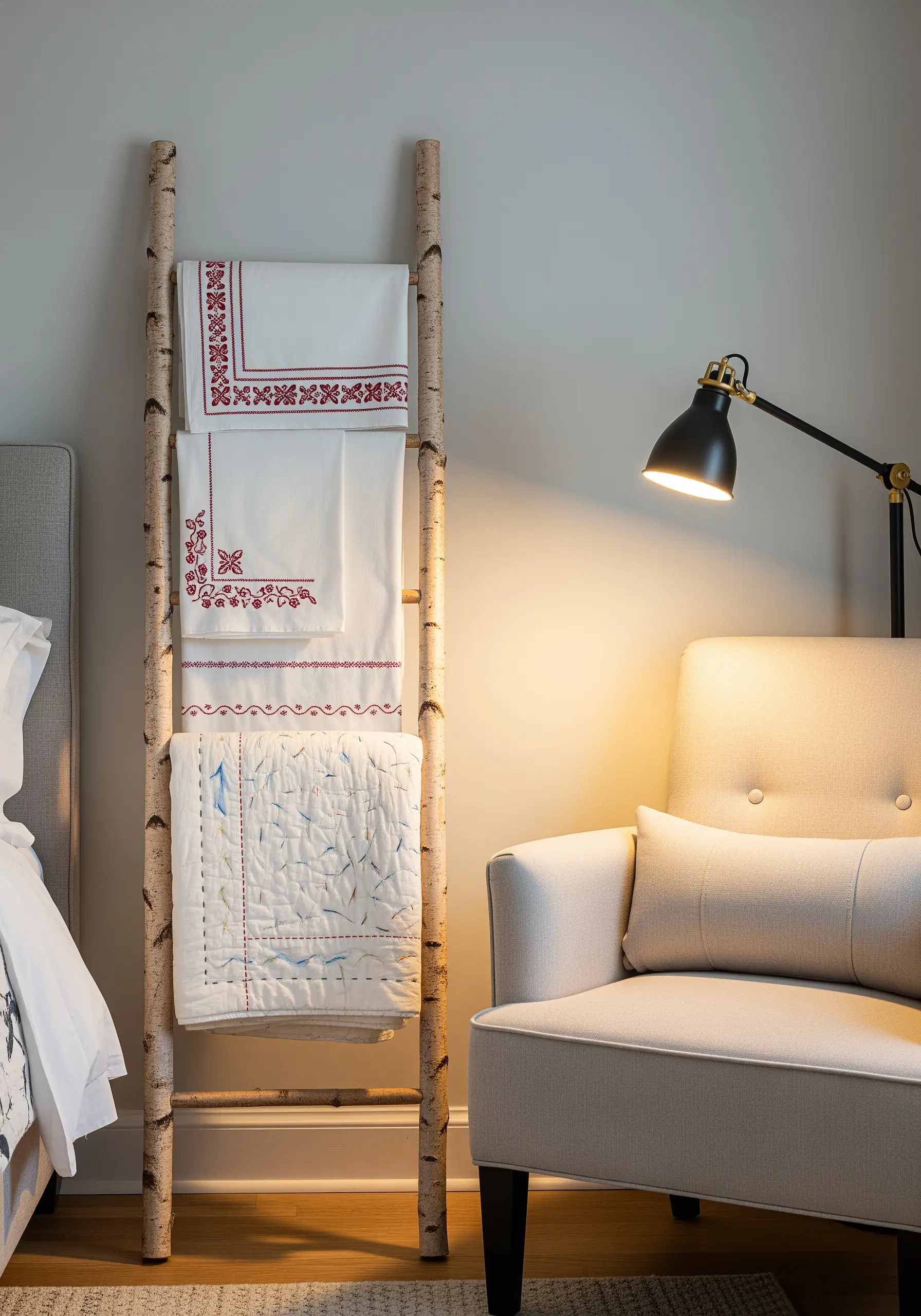 Wooden ladder displaying embroidered white linens and quilts