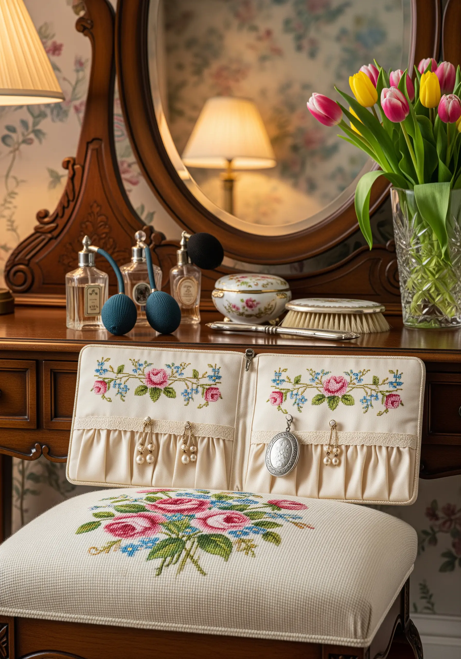 Vanity chair with cross-stitch rose pocket organizer