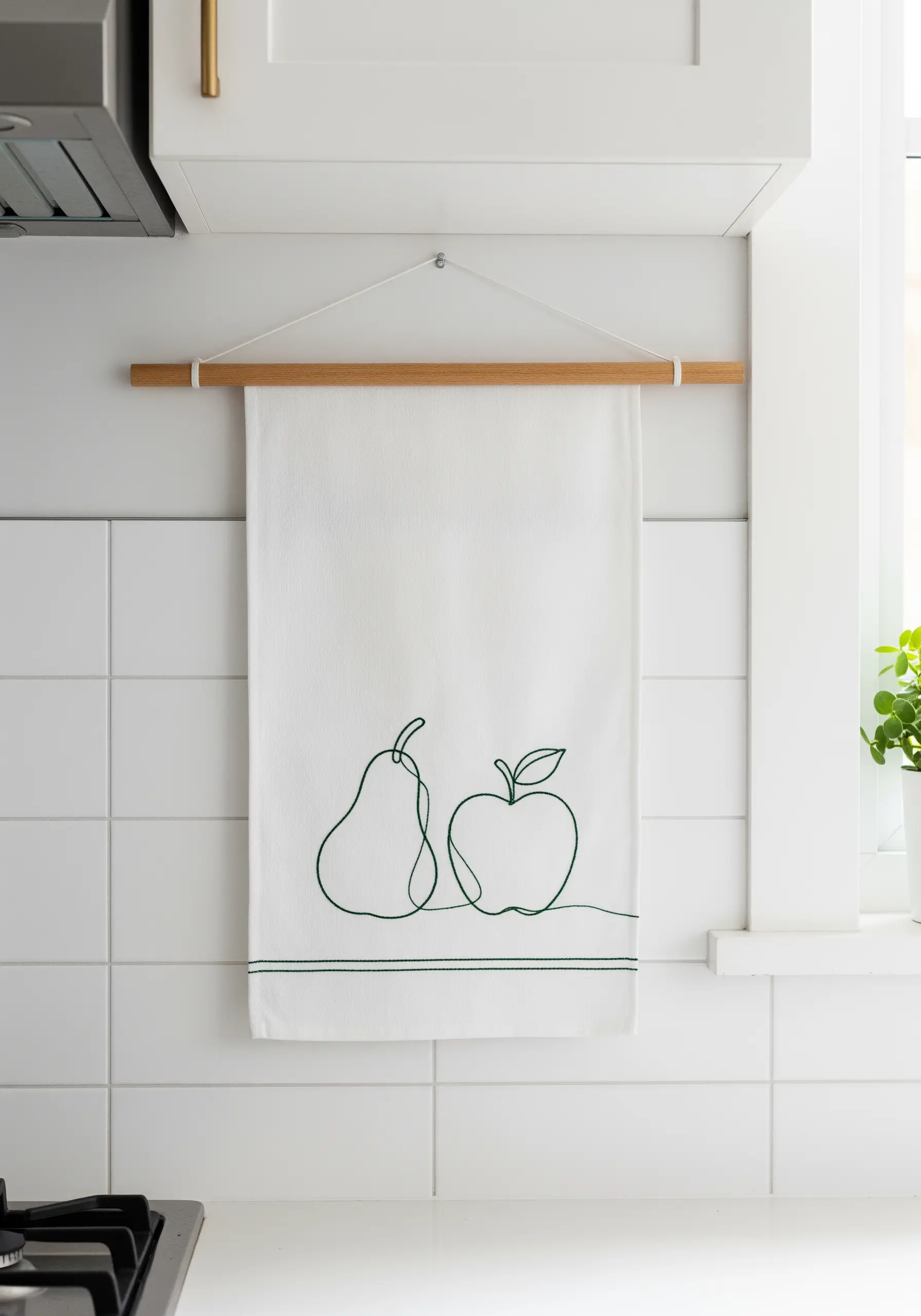 Single green line art embroidery of a pear and an apple on a white kitchen towel.
