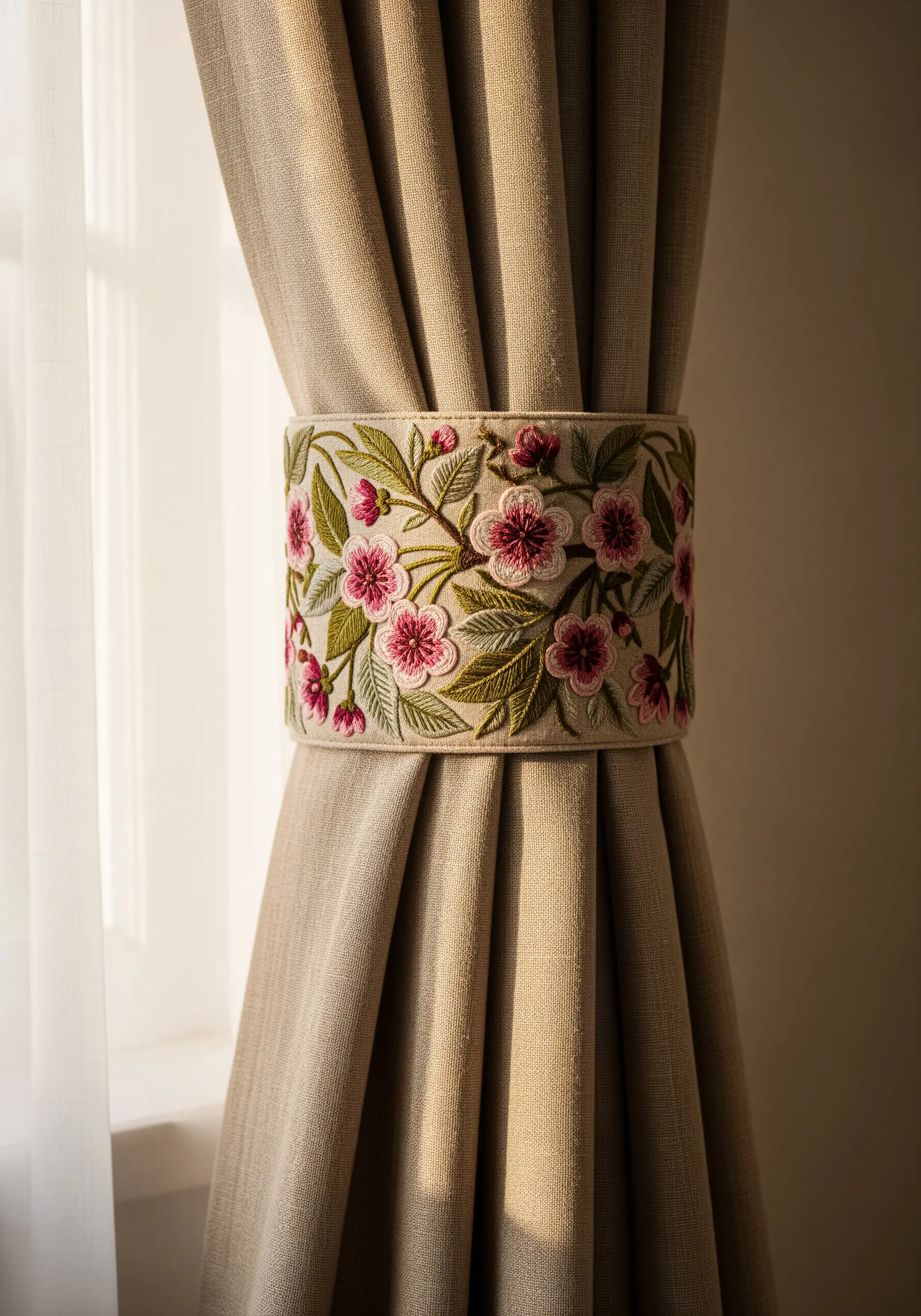 Densely embroidered curtain tie-back with pink cherry blossoms and green leaves.