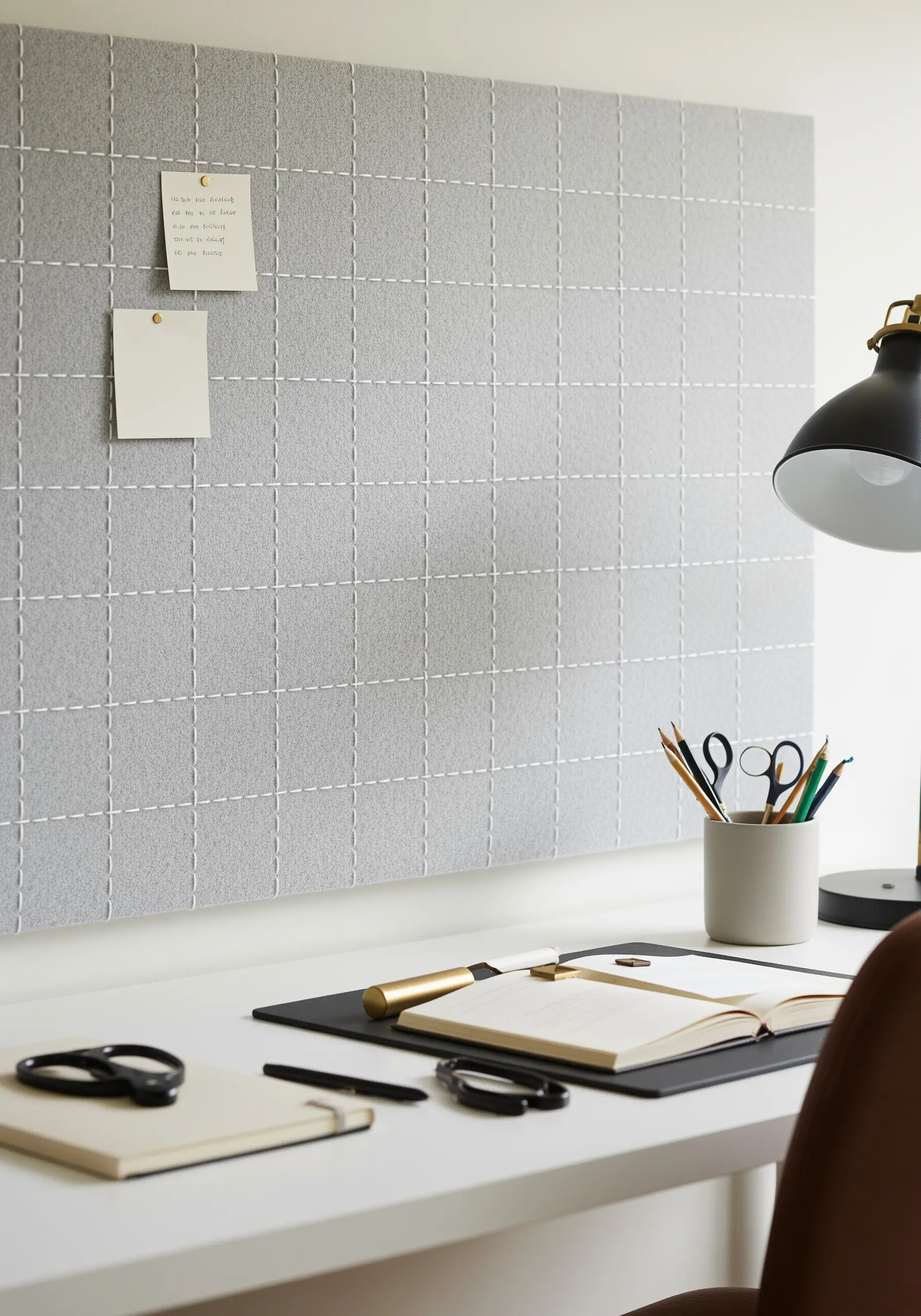 White running stitches creating a functional grid on a grey felt pinboard.