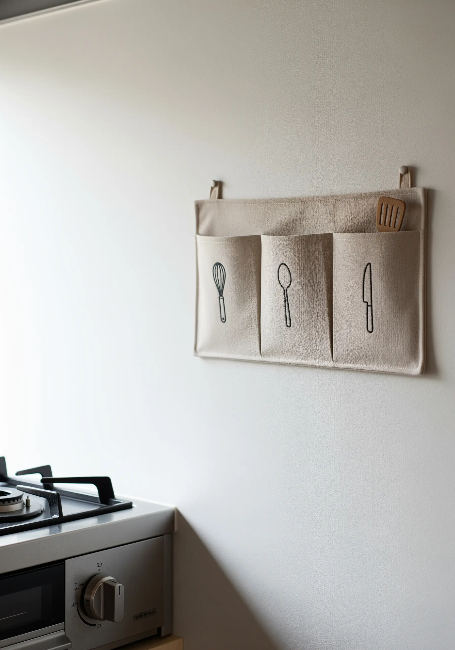 Line art illustrations of kitchen utensils embroidered on the pockets of a wall organizer.
