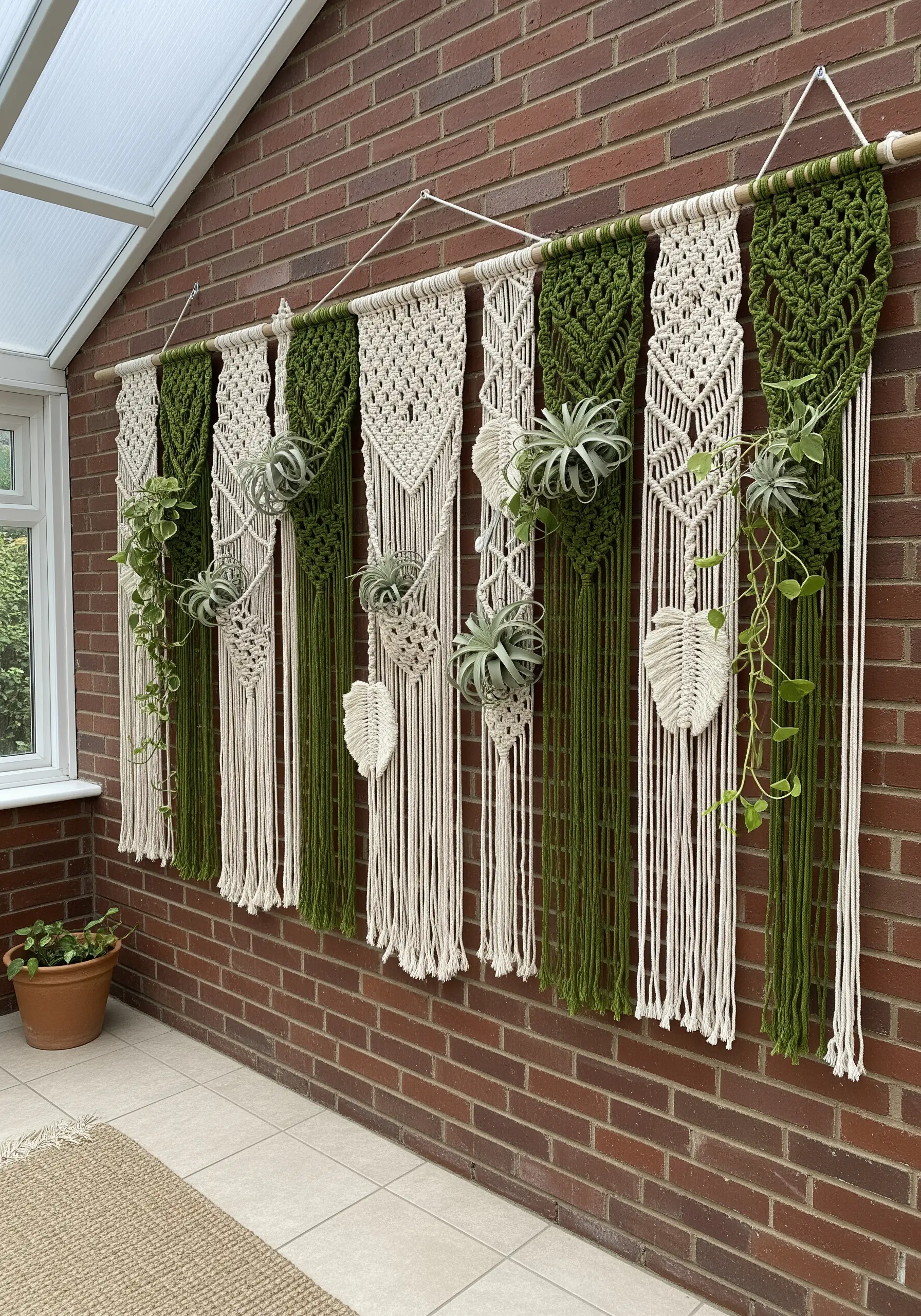 Macrame wall hanging in green and white with integrated pockets holding air plants.