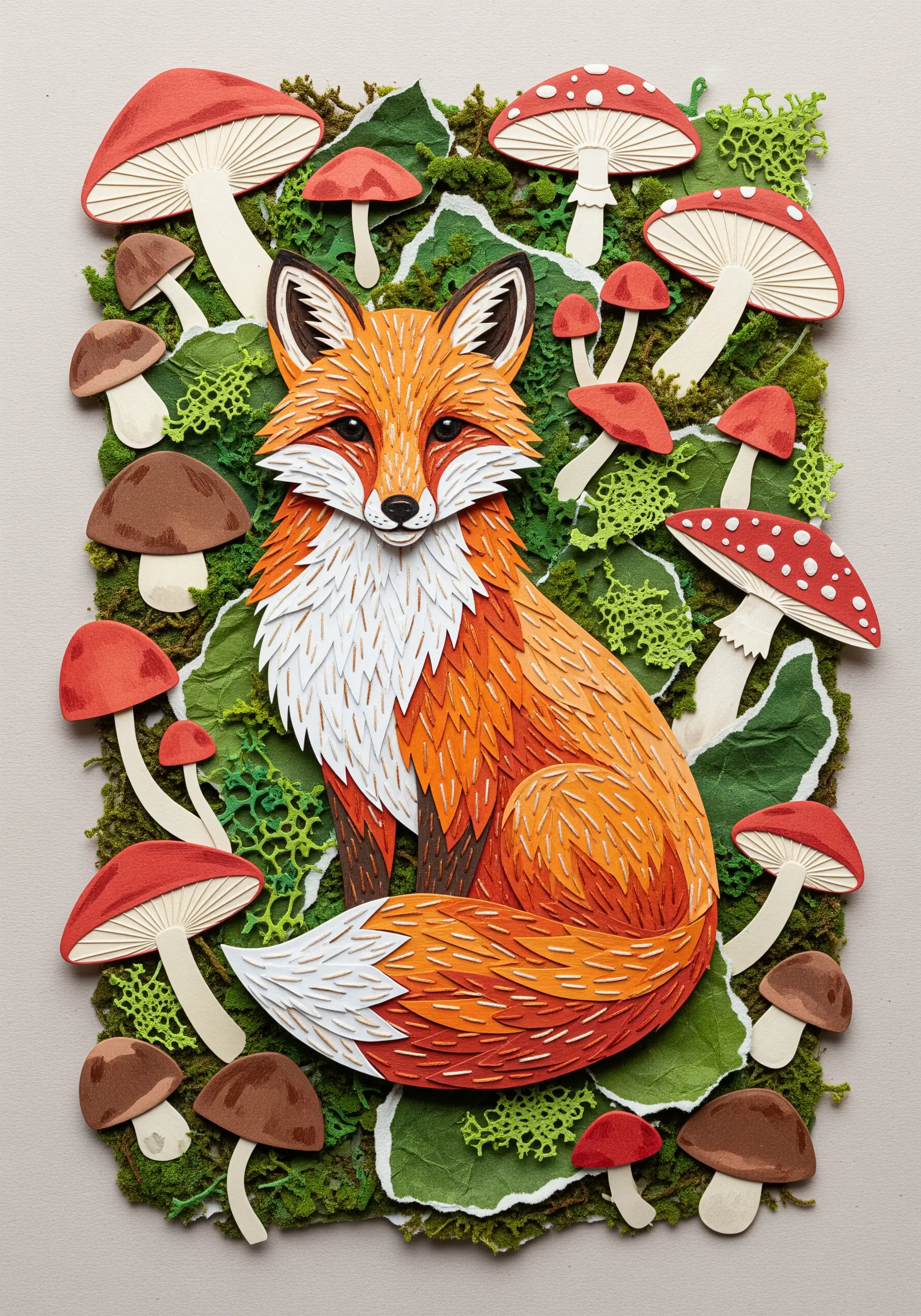 Paper fox collage with stitched fur details in orange and white