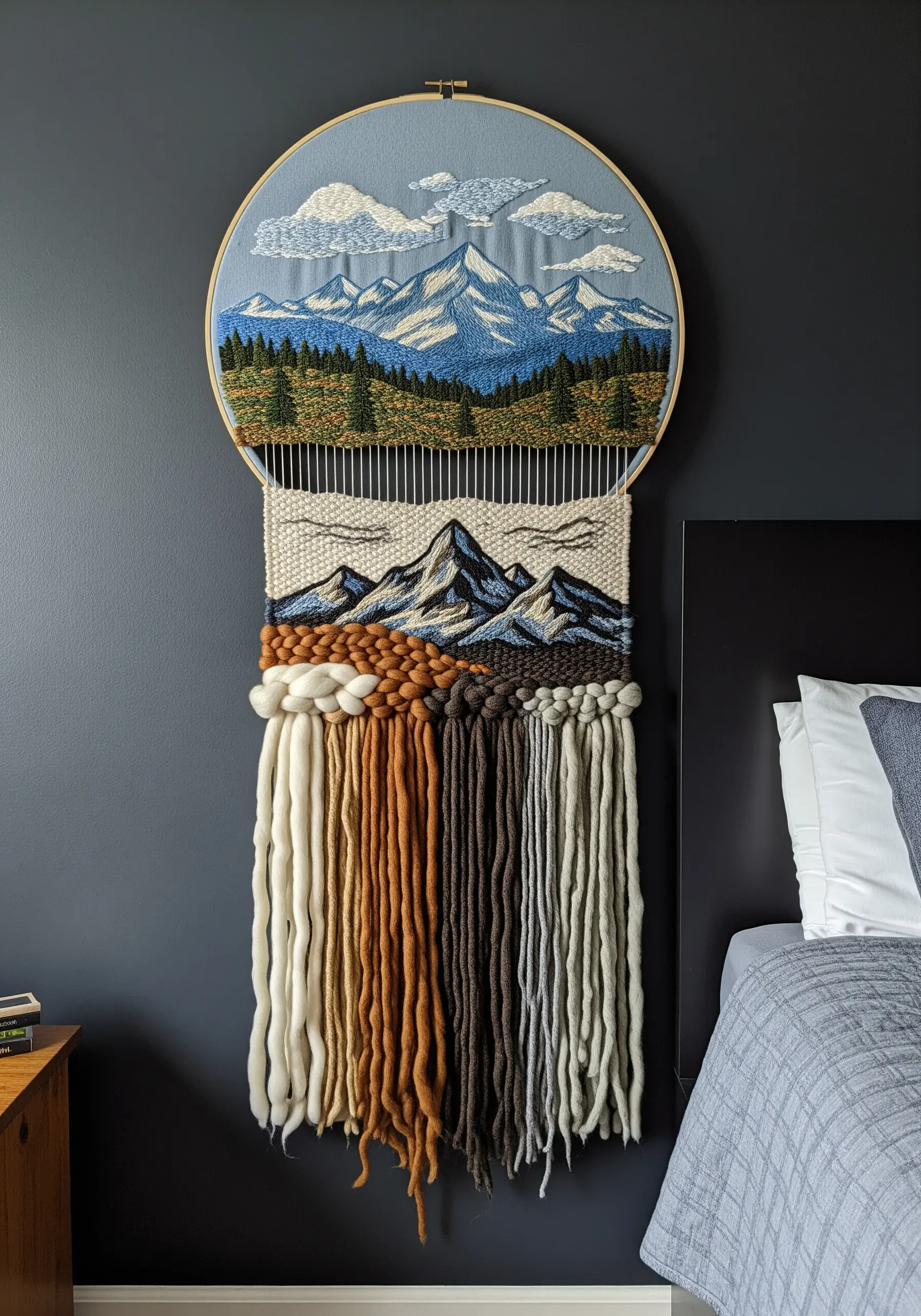 A large hoop with an embroidered mountain scene at the top and a woven landscape below.