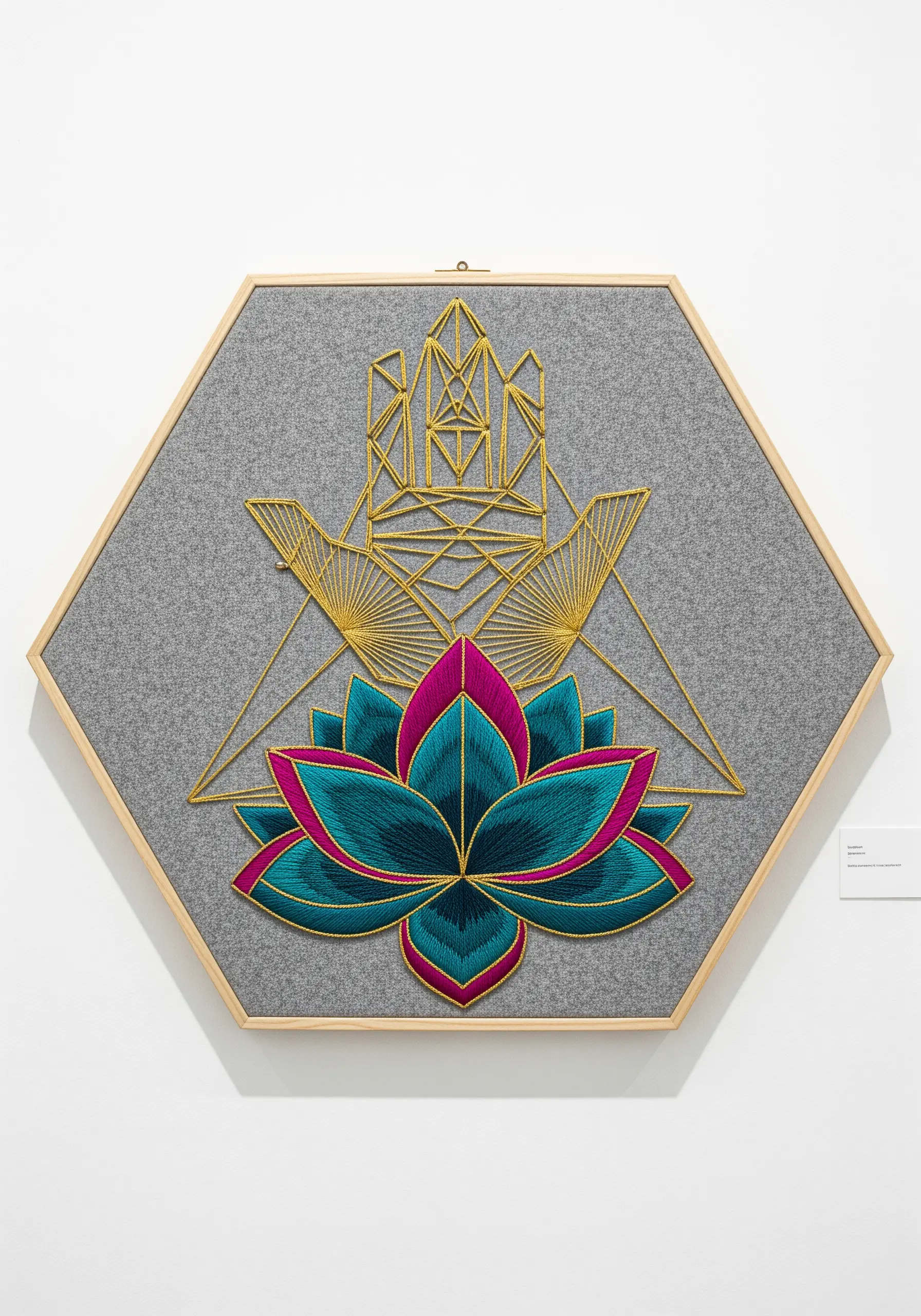 Geometric gold thread hands above a teal and magenta satin-stitched lotus flower.