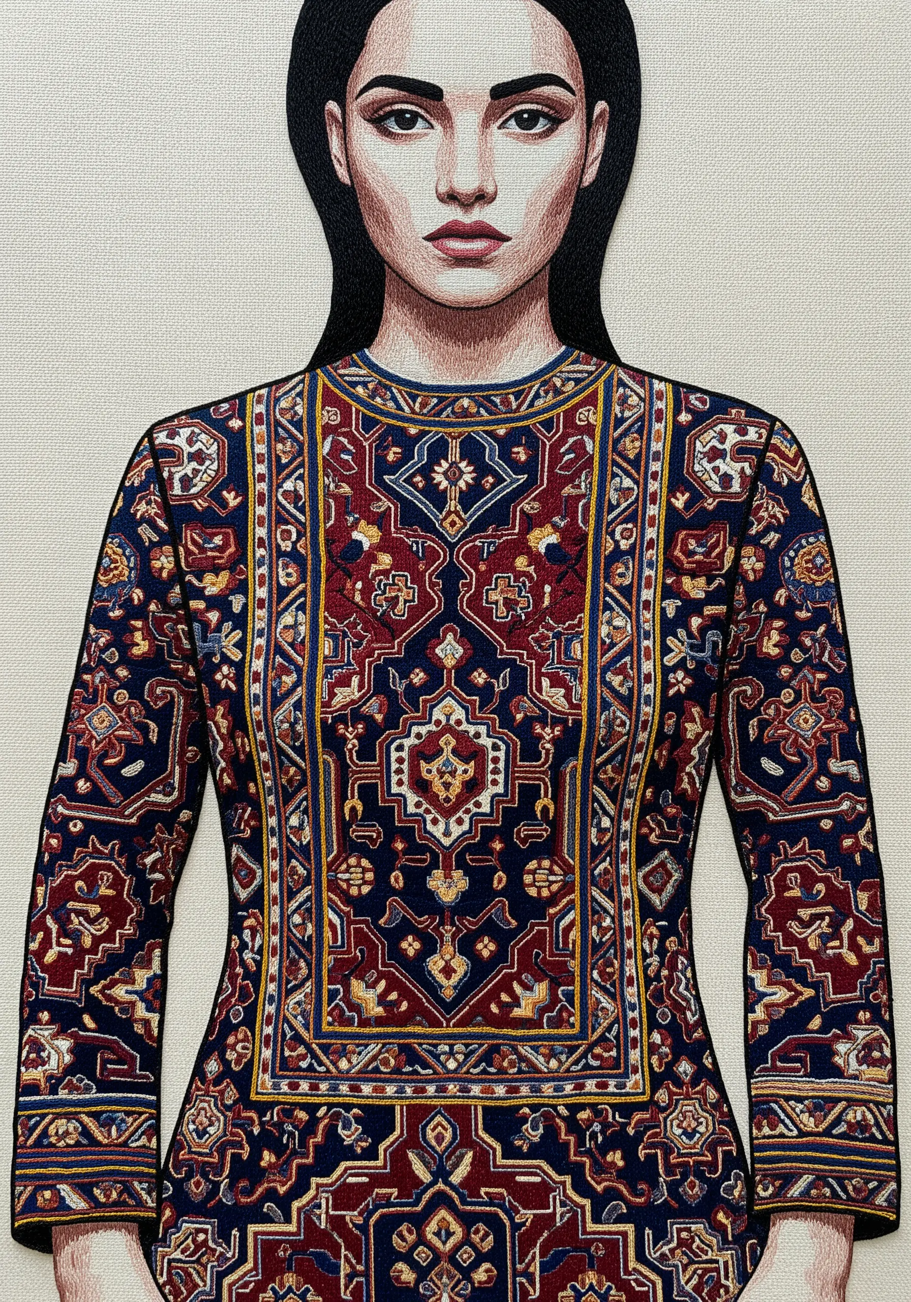 A portrait combining line drawing with a dress made from a piece of patterned carpet fabric.