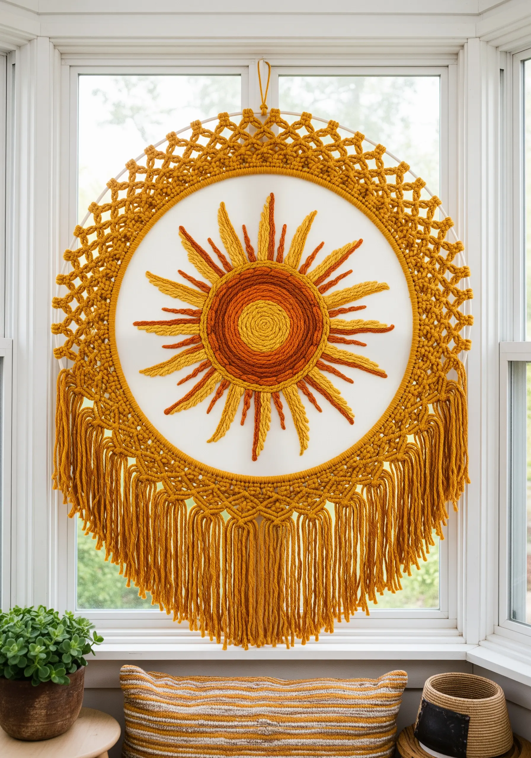 A large sun embroidery inside a hoop, framed with intricate macrame and hung in a window