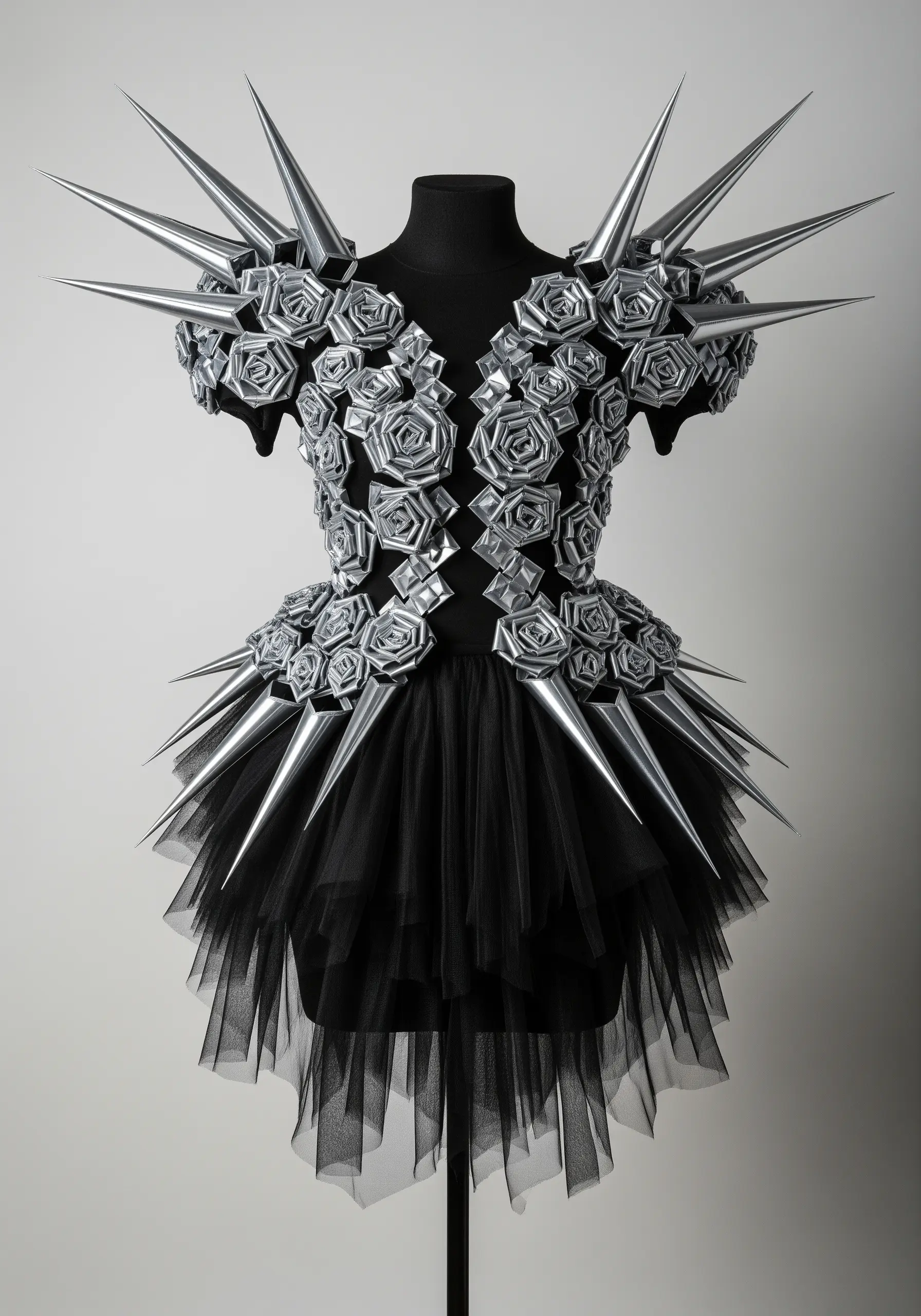A couture dress with silver ribbon roses and sharp metallic spikes on the bodice and shoulders.