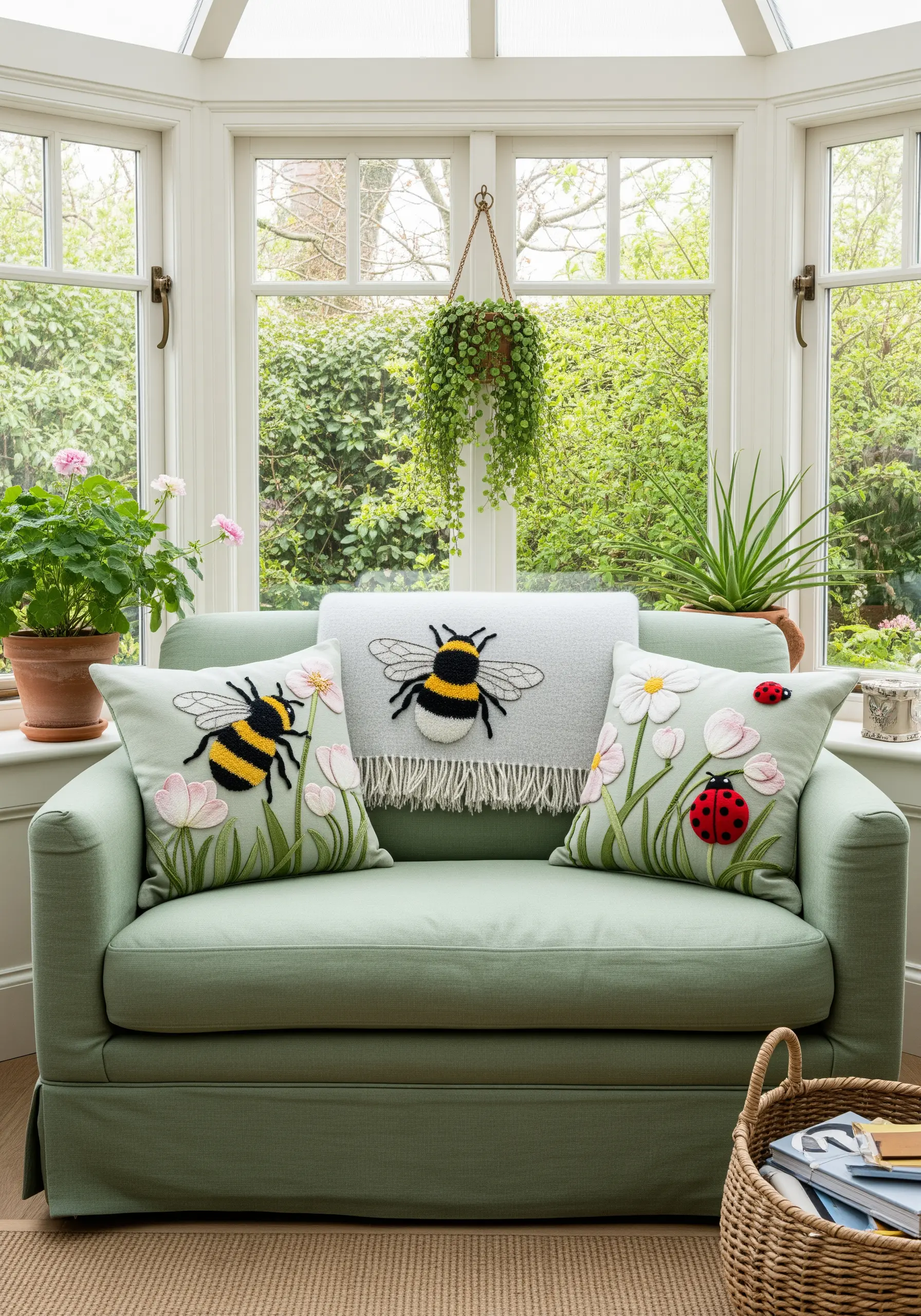 Embroidered cushions with daisies, a ladybug, and a large, fuzzy 3D bumblebee.