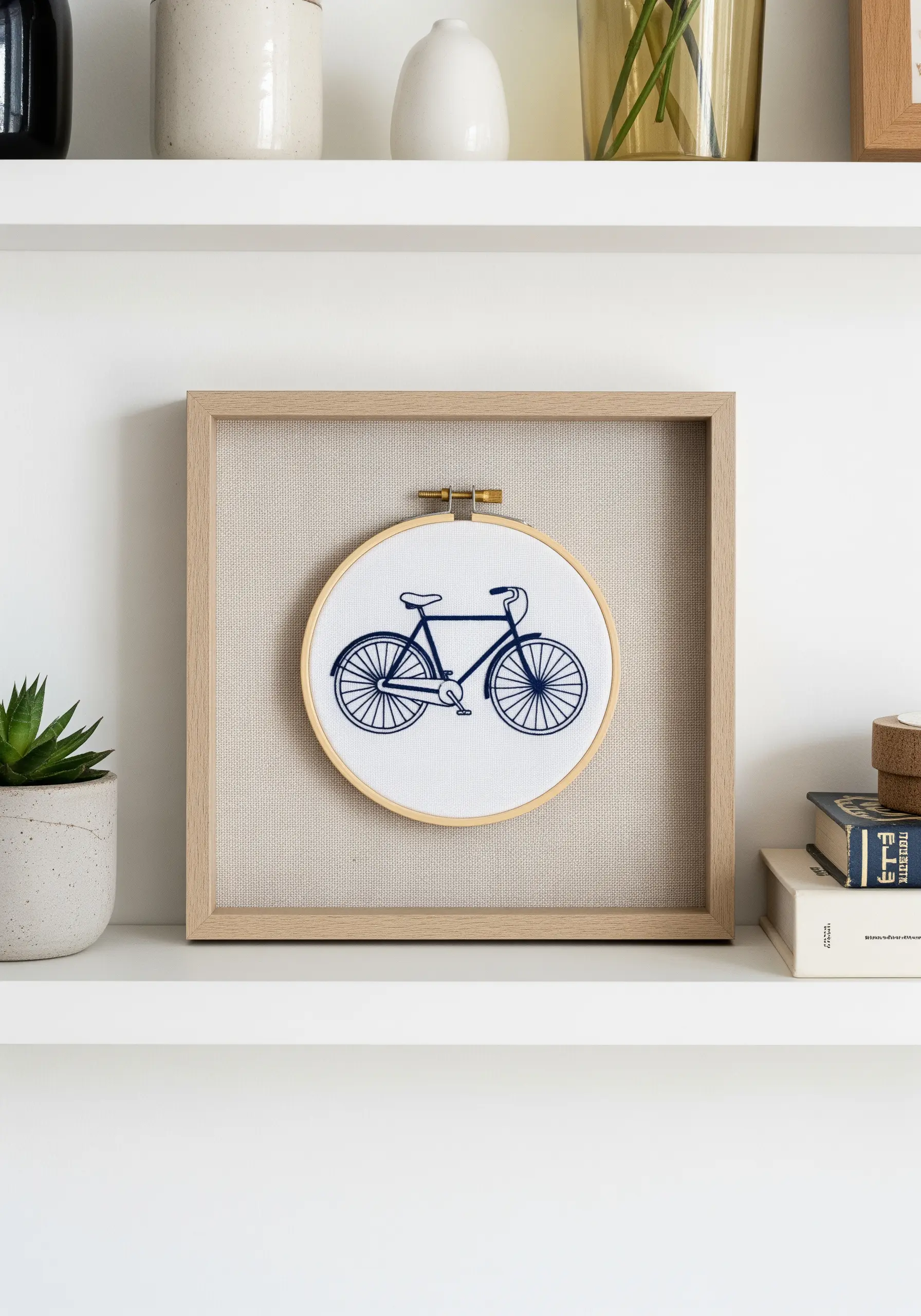 An embroidered bicycle in a hoop, float-mounted inside a larger square wooden frame.