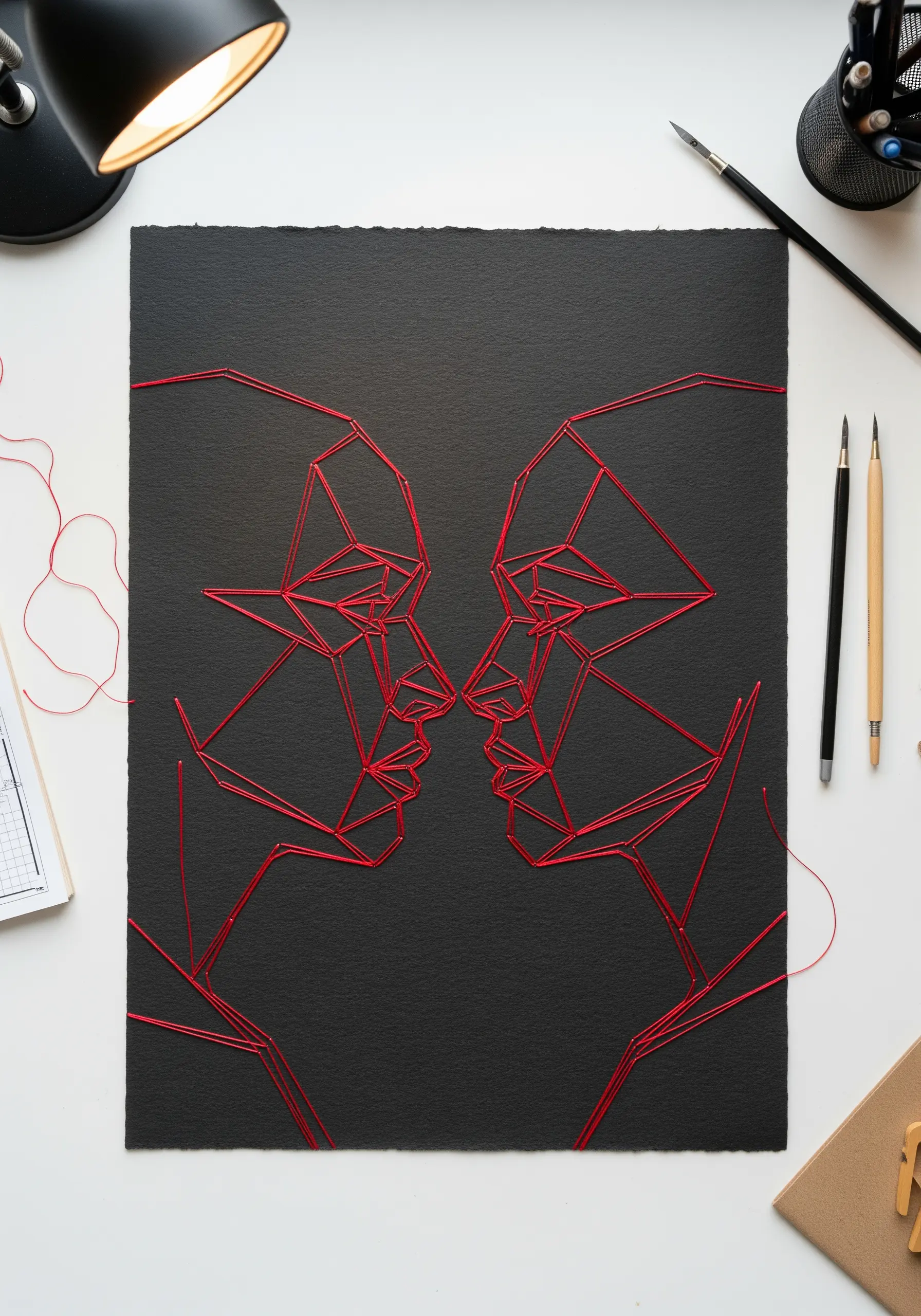 A geometric string art portrait of two faces in red thread on a black paper background.