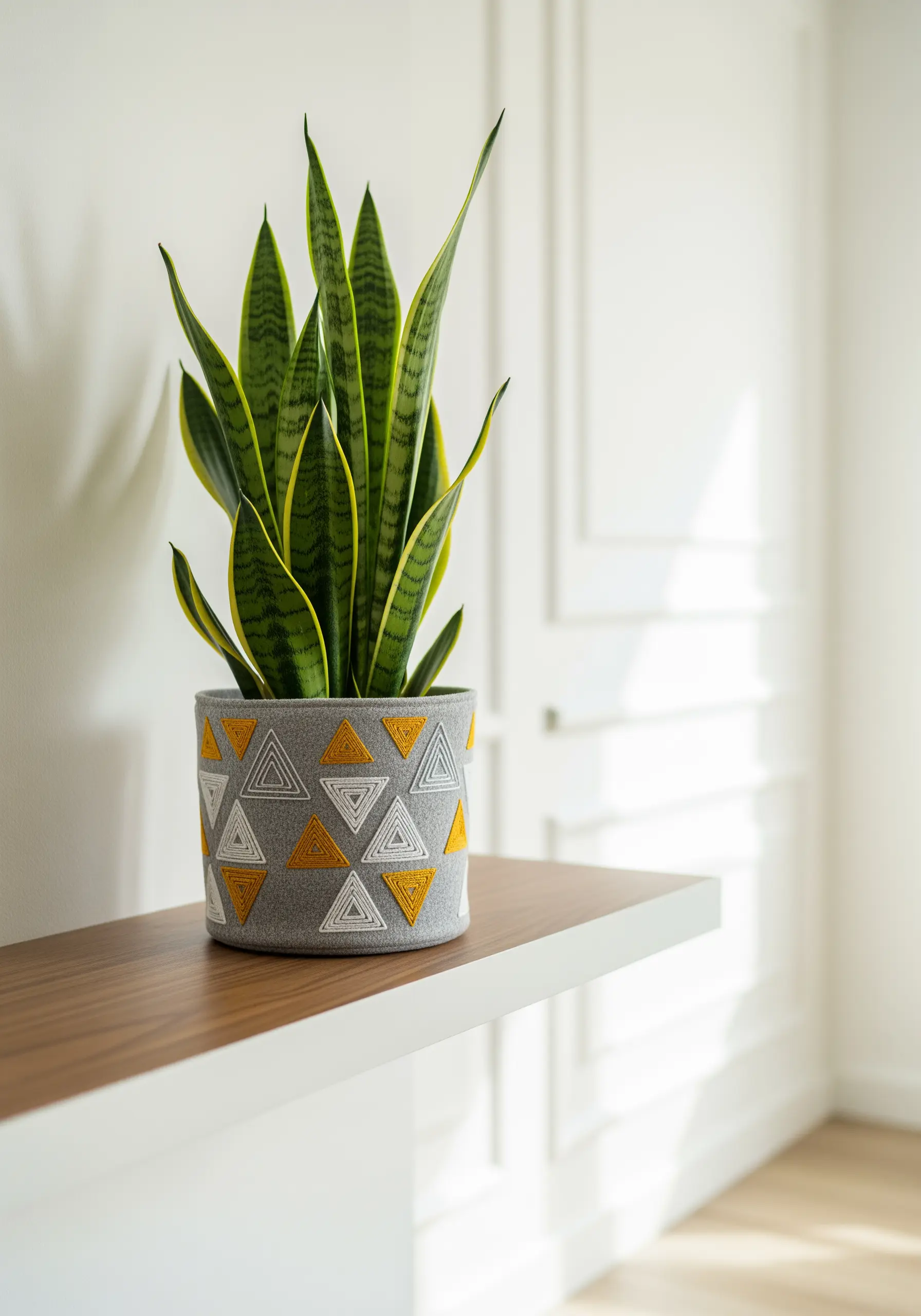 Grey felt planter with yellow and white geometric triangle embroidery