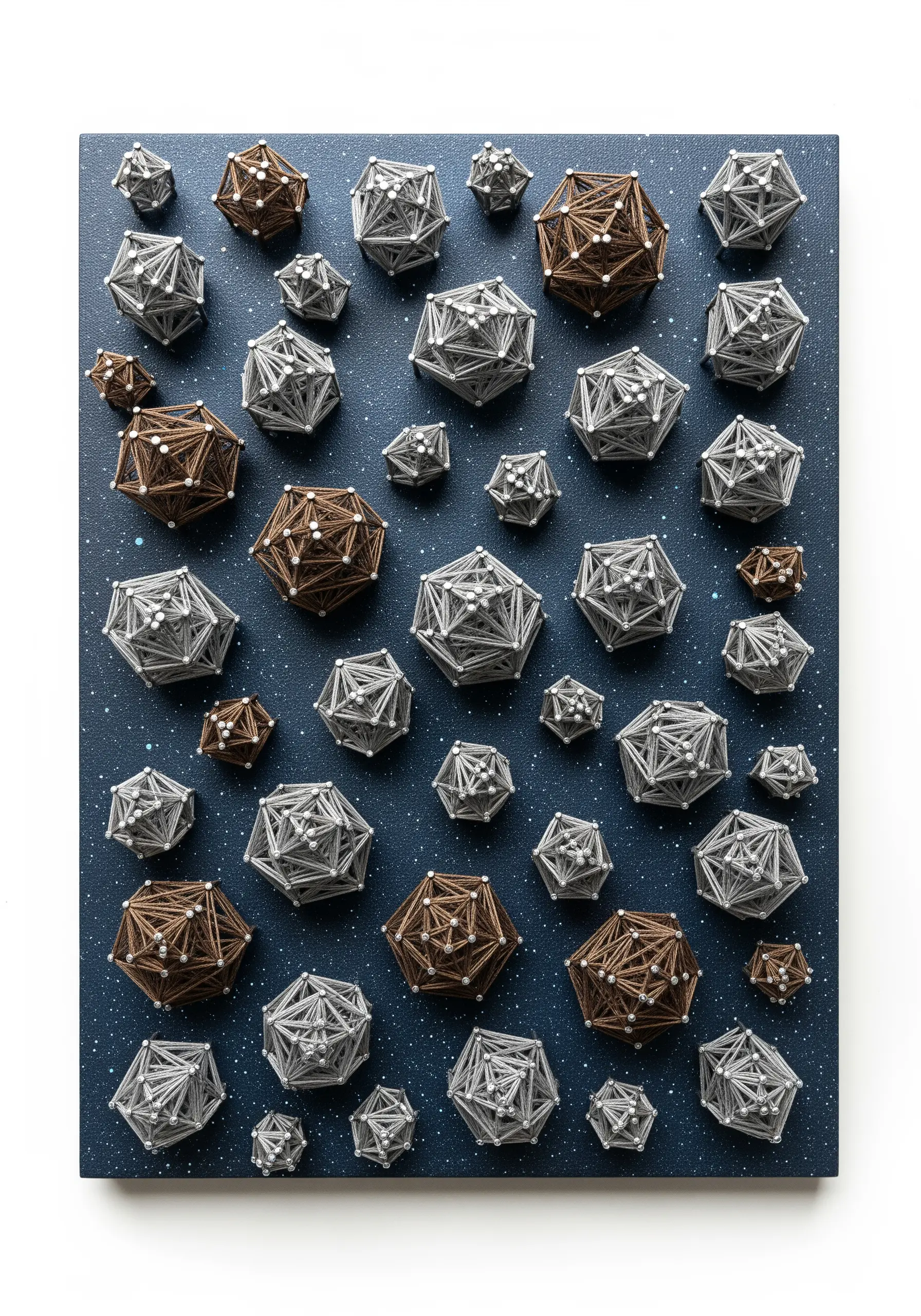 3D string art showing multiple geometric polyhedra in brown and grey on a dark blue background.