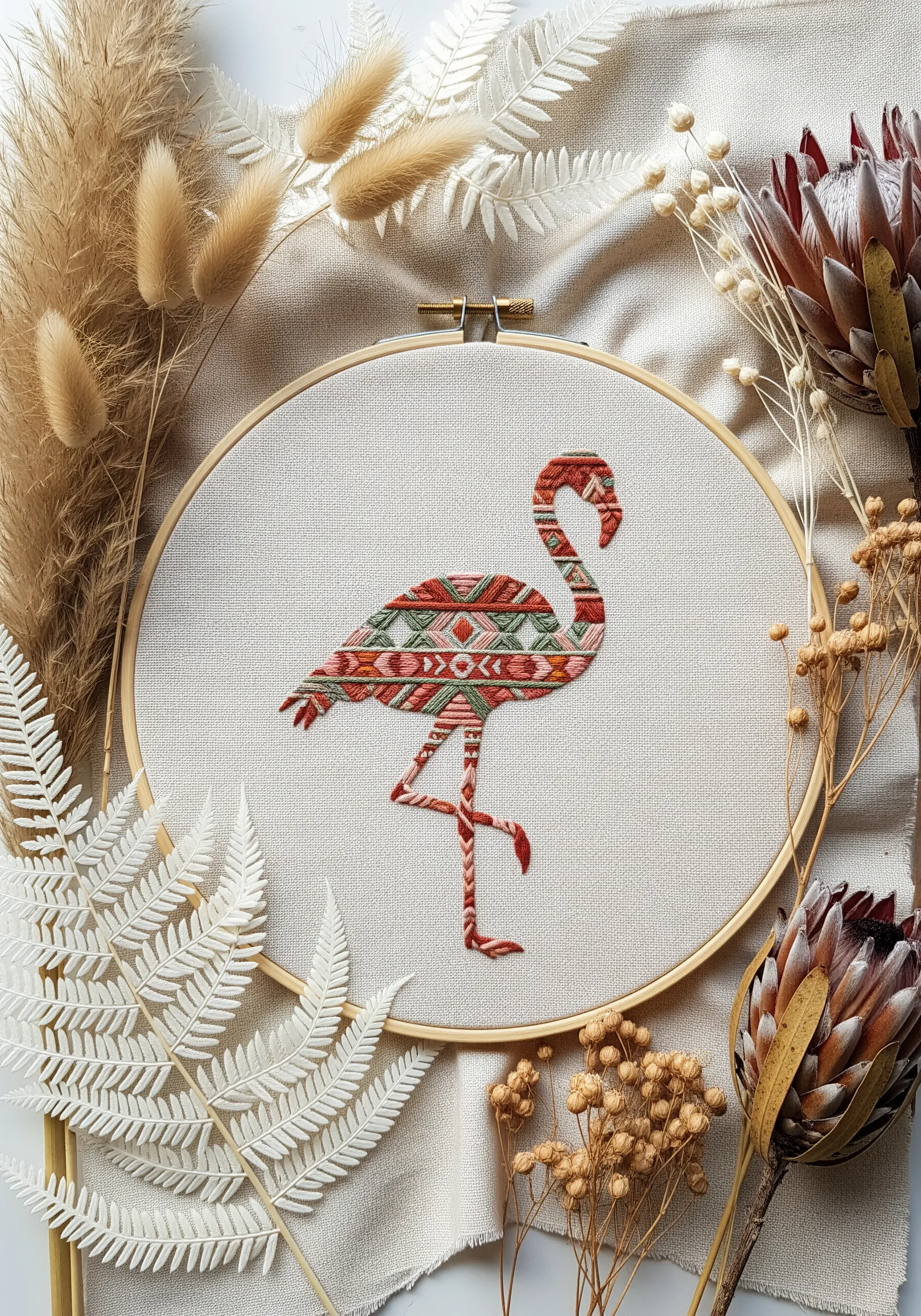 Geometric patterned flamingo embroidery in boho style