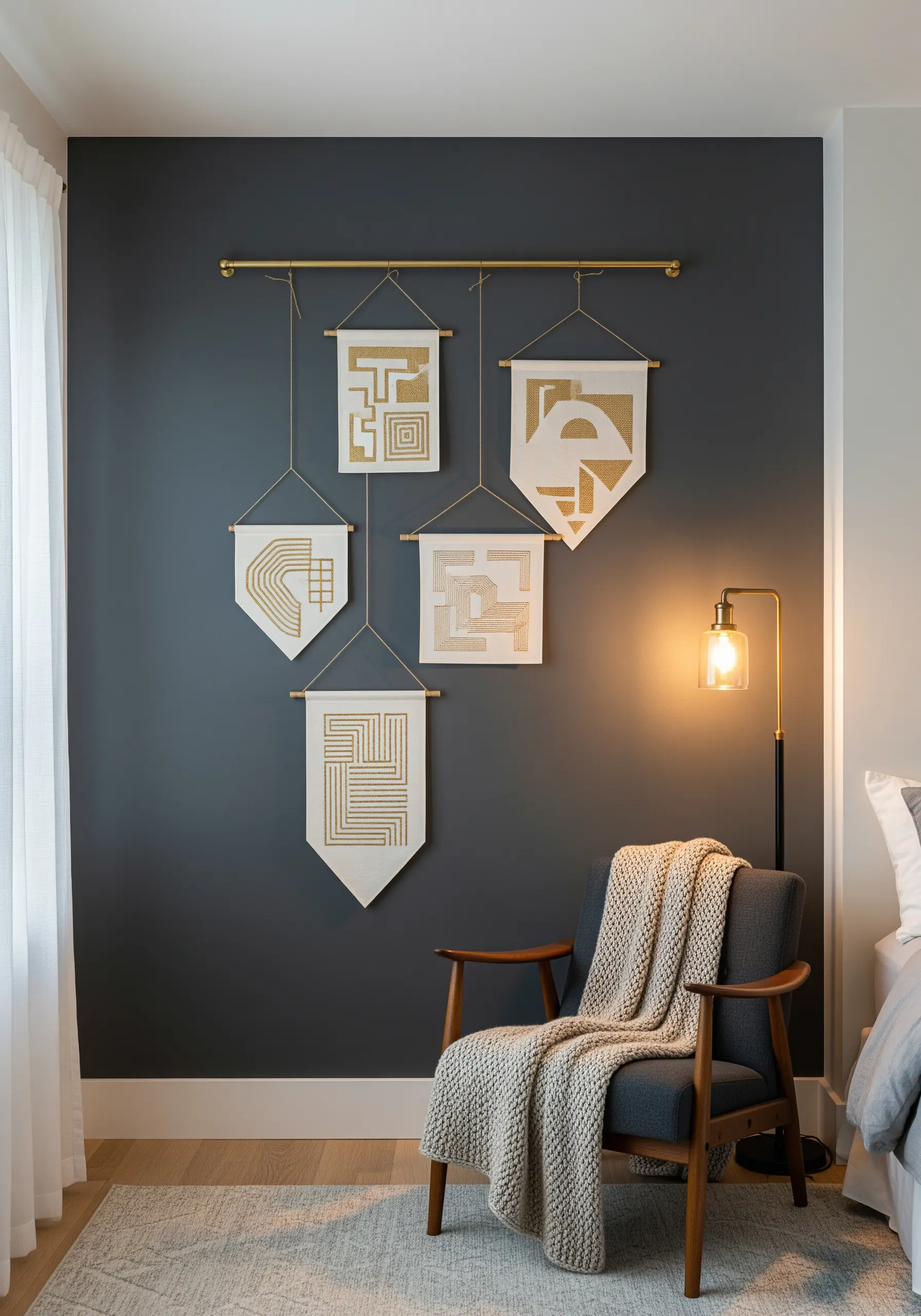 White canvas banners with gold geometric embroidery hanging from brass rod