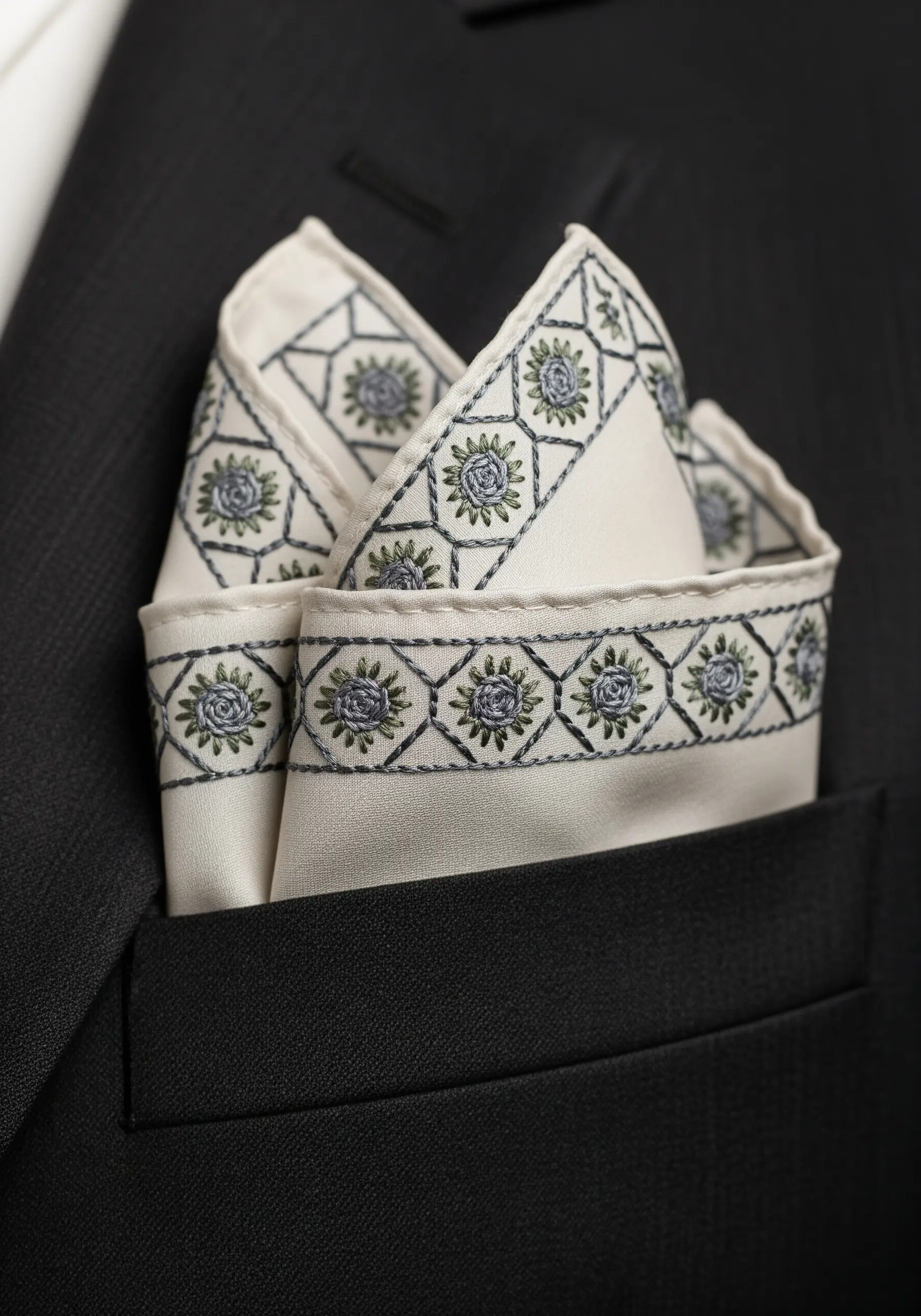 Geometric pattern with small roses on pocket square