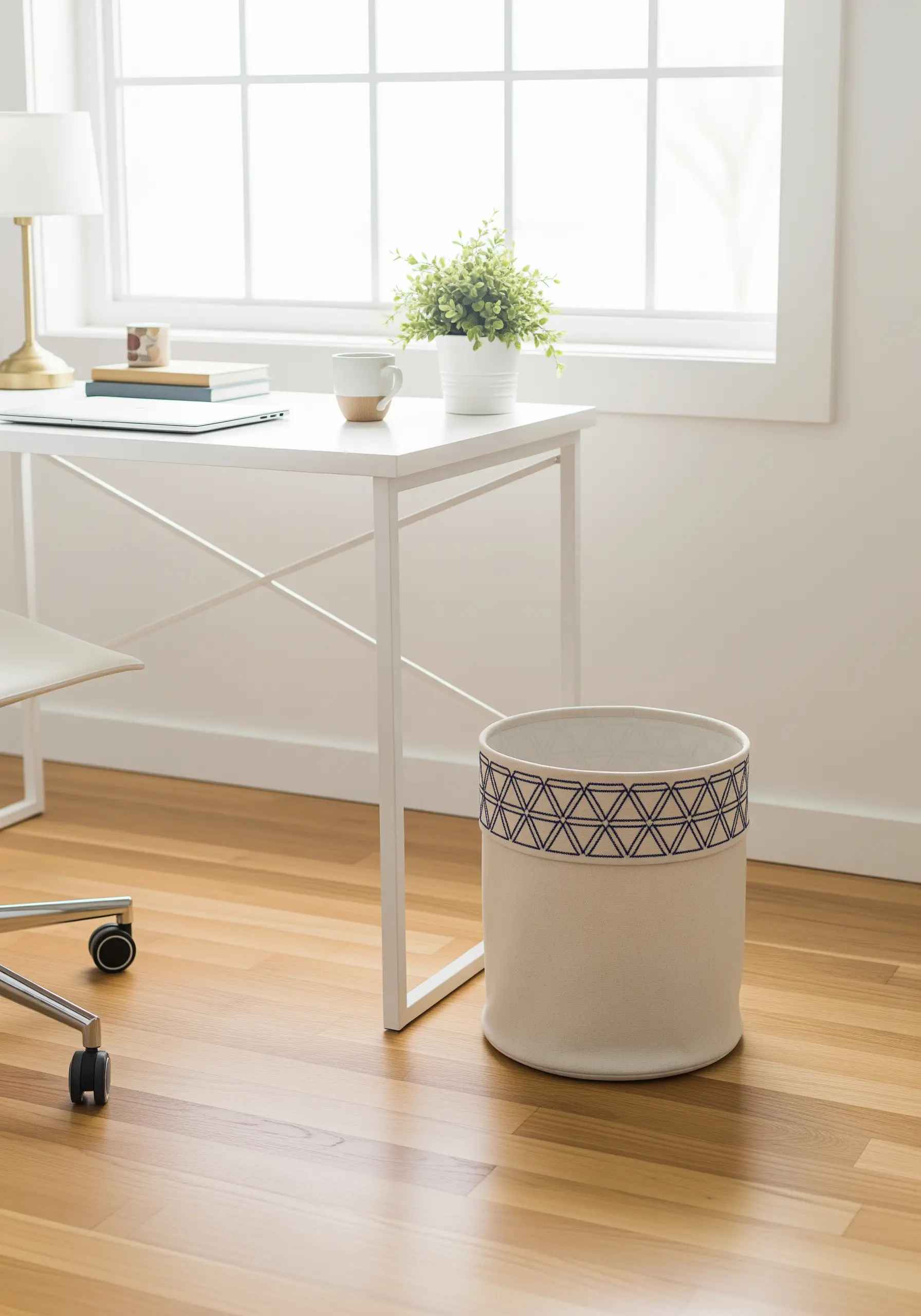 A navy geometric triangle pattern embroidered around the rim of a canvas wastebasket.