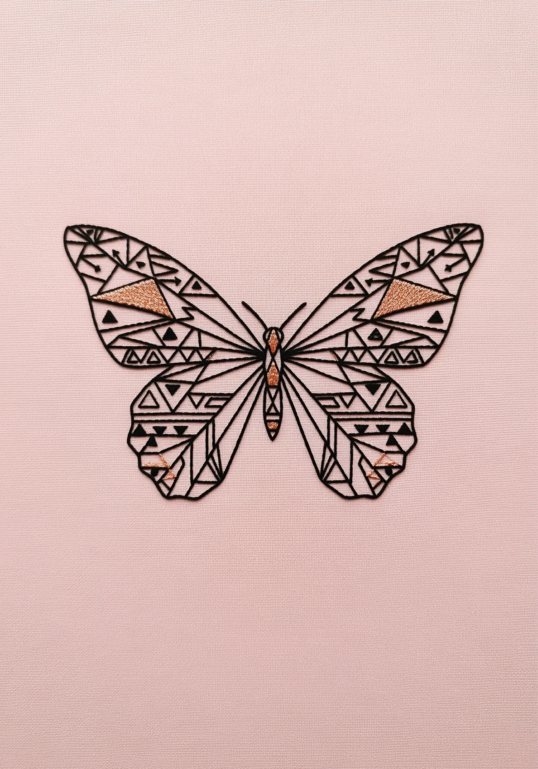 Geometric black line art butterfly with gold accents