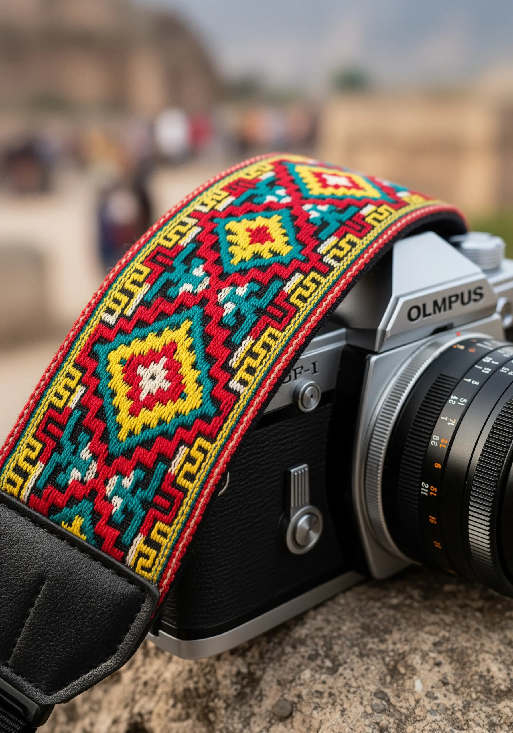 Camera strap with colorful geometric embroidery
